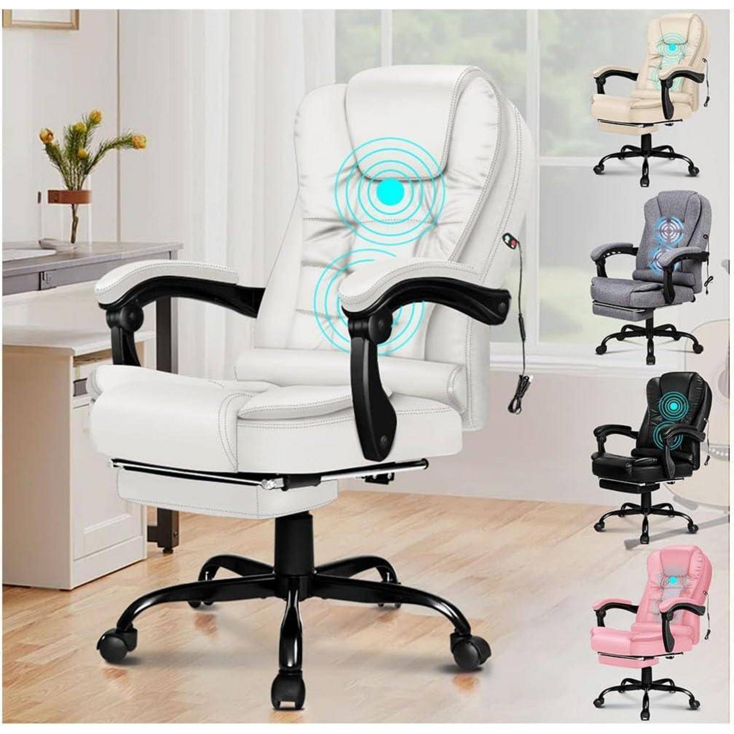 Weißer ergonomischer Bürostuhl mit schwarzen Armlehnen, dargestellt mit hervorgehobenen Massagefunktionen. Auf der rechten Seite in verschiedenen Farben erhältlich.