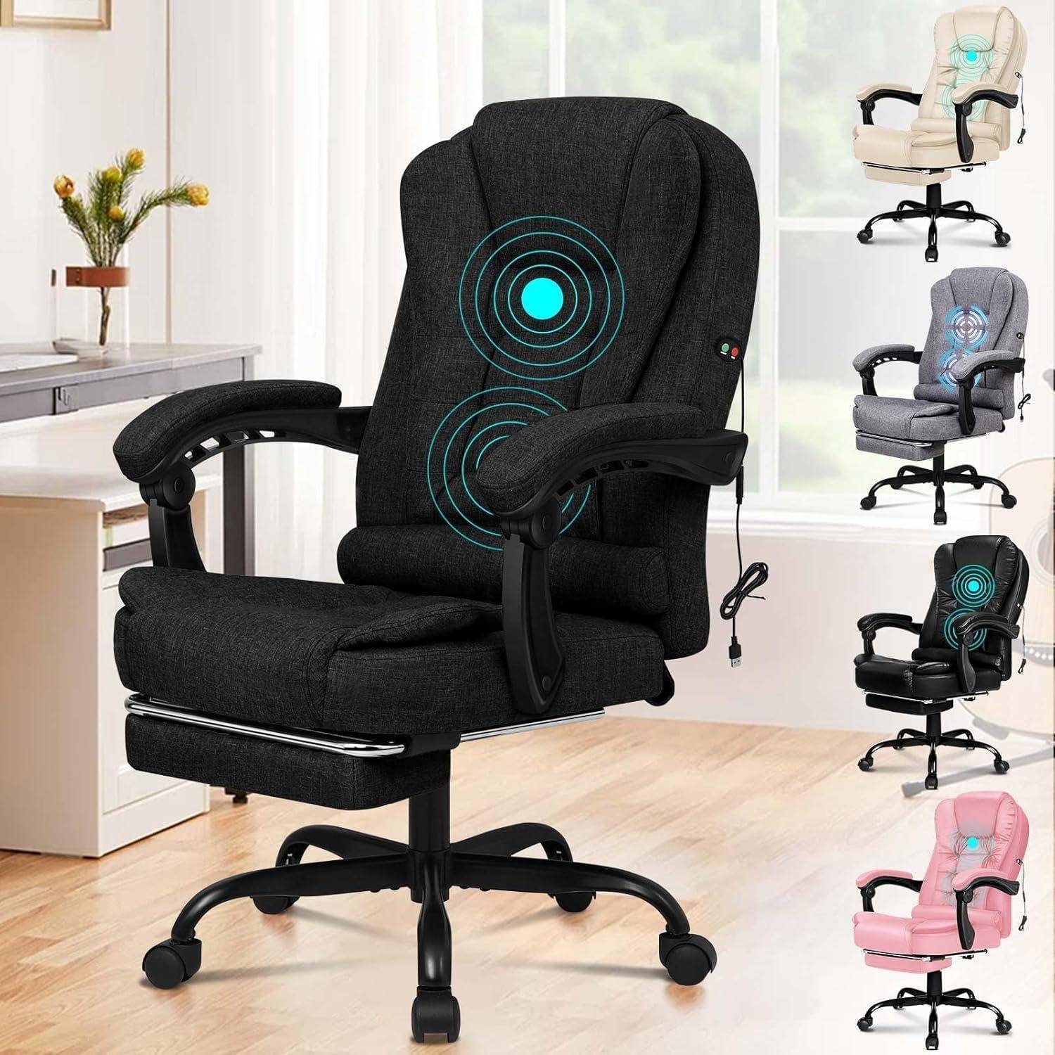 Büro-Massagesessel mit Lendenwirbelstütze und verstellbaren Armlehnen, in verschiedenen Farben dargestellt; platziert in einem modernen Büroambiente.