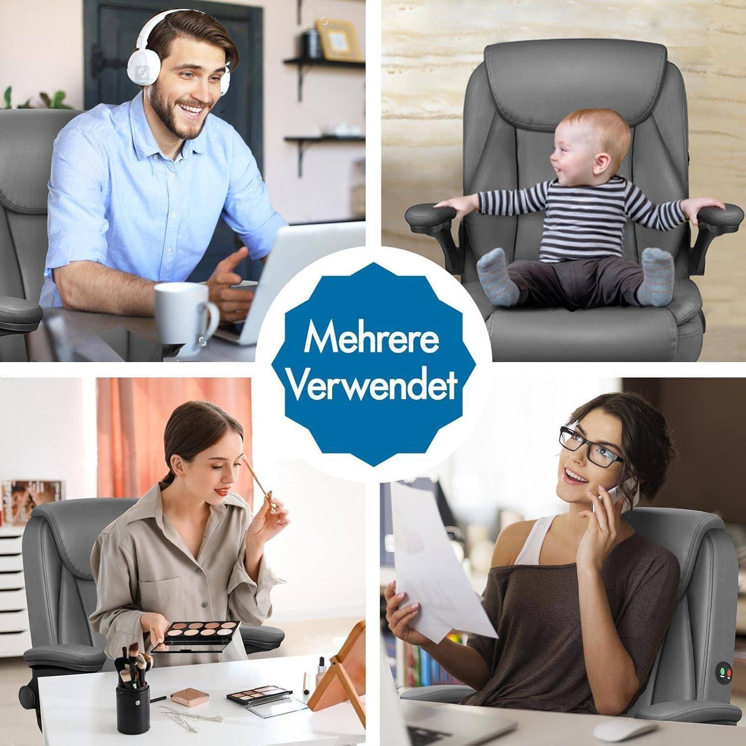 Vier Bilder zeigen verschiedene Menschen, die denselben Stuhl nutzen: ein Mann, der an einem Laptop arbeitet, ein Baby, eine Frau, die Make-up aufträgt, und eine Frau, die telefoniert.