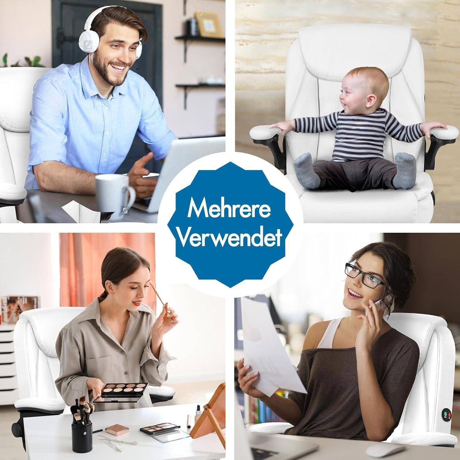 Eine Collage zeigt Menschen in einer Heimarbeitsumgebung: ein Mann in einer Videoanruf, ein Baby in einem Stuhl, eine Frau, die Make-up aufträgt, und eine andere, die Dokumente liest.