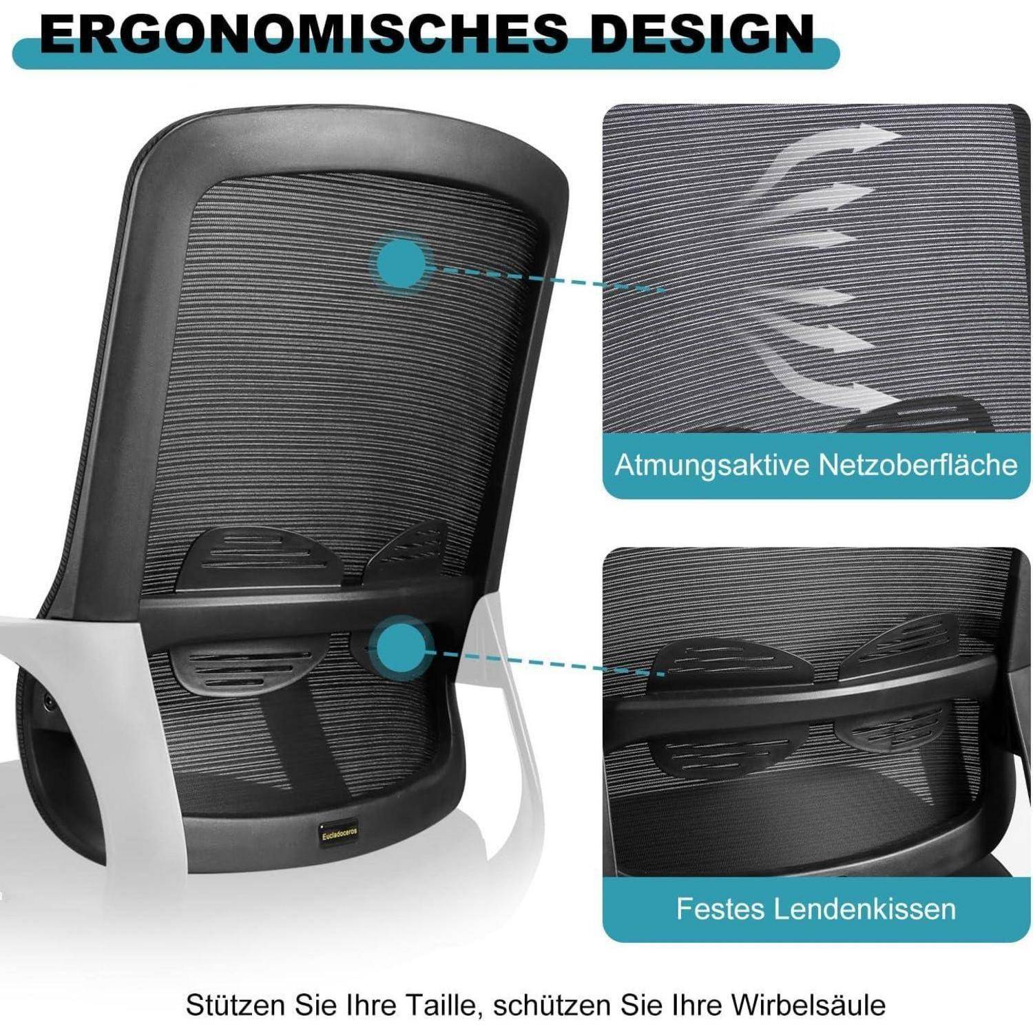 Ergonomisches Design': Ein Stuhl mit atmungsaktiver Netzrücklehne und fixierter Lendenkissen, konzipiert für optimale Wirbelsäulenunterstützung.