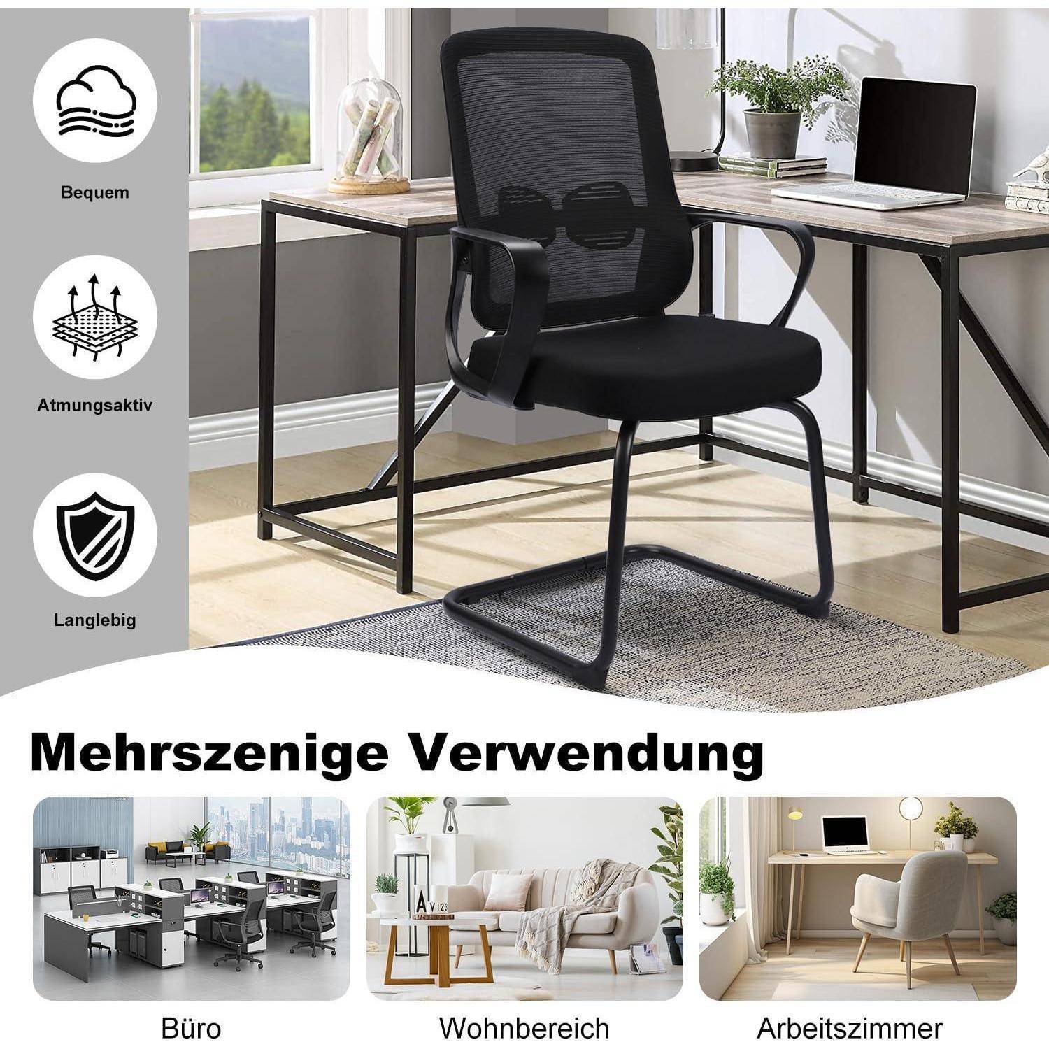 Ein schwarzer Netzstoff-Bürostuhl steht an einem modernen Holzschreibtisch in einem hellen Raum. Der Text betont Komfort, ergonomisches Design und Langlebigkeit.