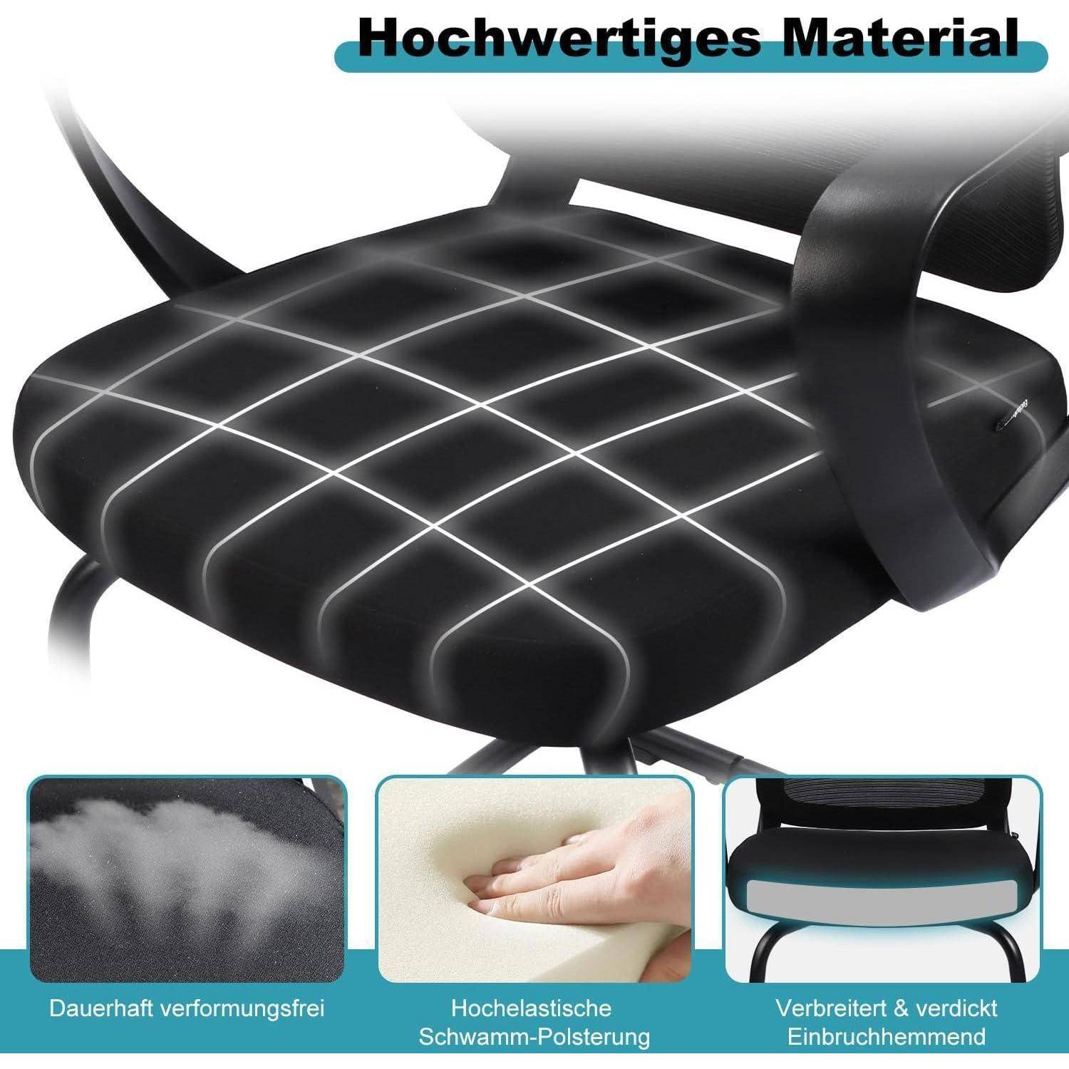 Nahaufnahme eines schwarzen Stuhls, die seine robuste Bauweise und Bequemlichkeit betont, mit dem Text 'Hochwertiges Material', der Langlebigkeit und Polsterung hervorhebt.