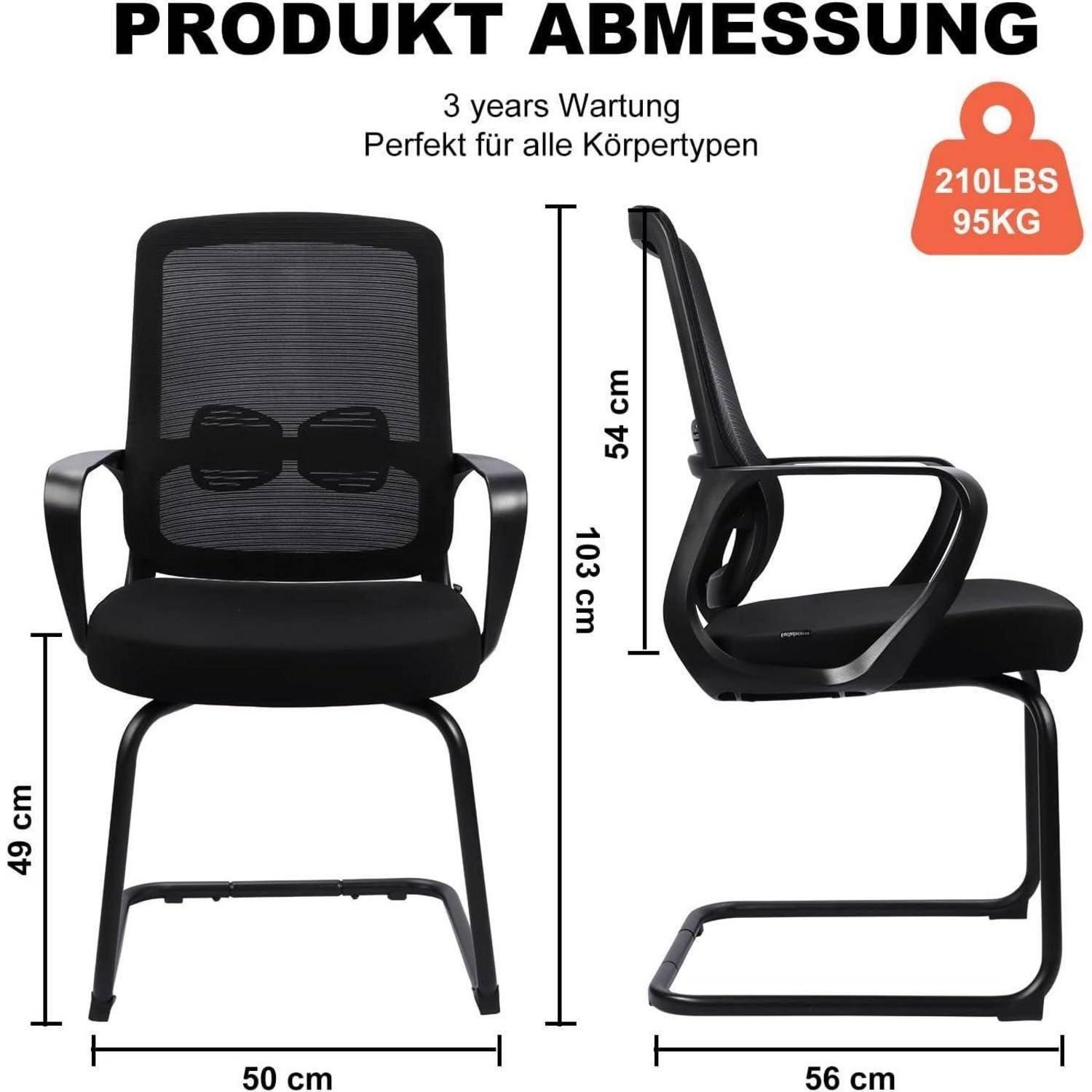 Ein Bild, das zwei schwarze Bürostühle mit Netzrücken zeigt, mit beschrifteten Abmessungen in Zentimetern (103 cm Höhe, 49 cm und 56 cm Sitzhöhe). Text auf Deutsch und Englisch präzisiert 'Produkt Abmessung' und '3 Jahre Wartung, Perfekt für alle Körpertypen'.