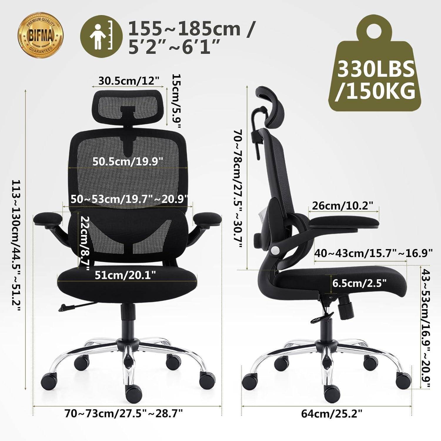 Ergonomischer Bürostuhl mit verstellbarer Kopfstütze, 4-fach verstellbarer Rückenlehne, 3D-Armlehnen und Höhenverstellung. Unterstützt bis zu 150 kg.