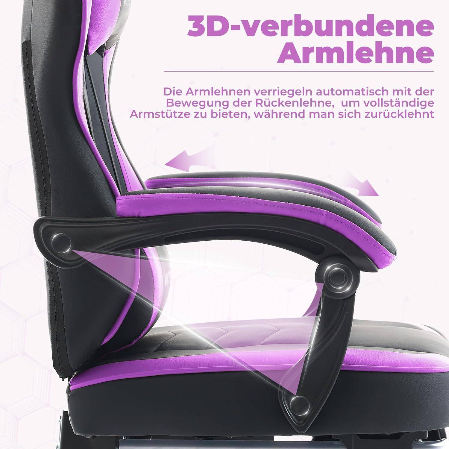 Gaming Stuhl mit Fußstütze, Lendenwirbelstütze SchwarzViolett