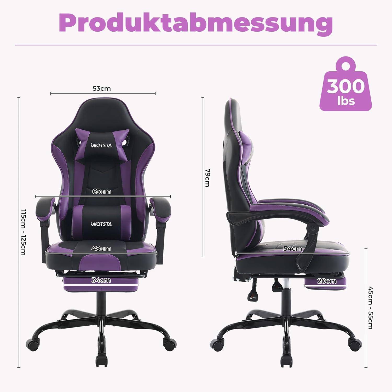 Gaming Stuhl mit Fußstütze, Lendenwirbelstütze SchwarzViolett