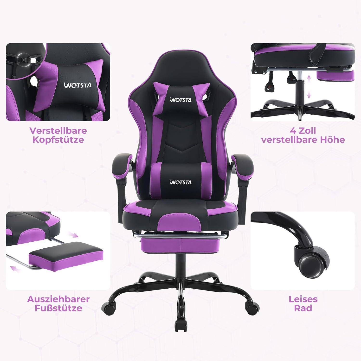 Gaming Stuhl mit Fußstütze, Lendenwirbelstütze SchwarzViolett