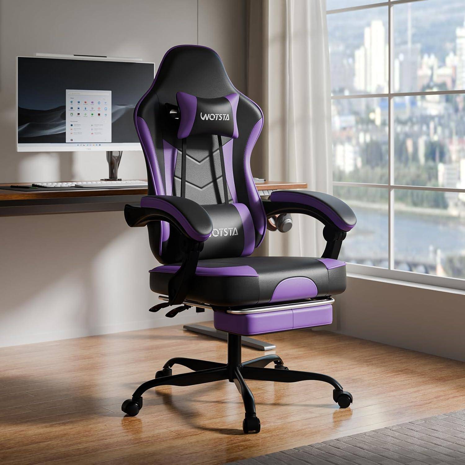 Gaming Stuhl mit Fußstütze, Lendenwirbelstütze SchwarzViolett