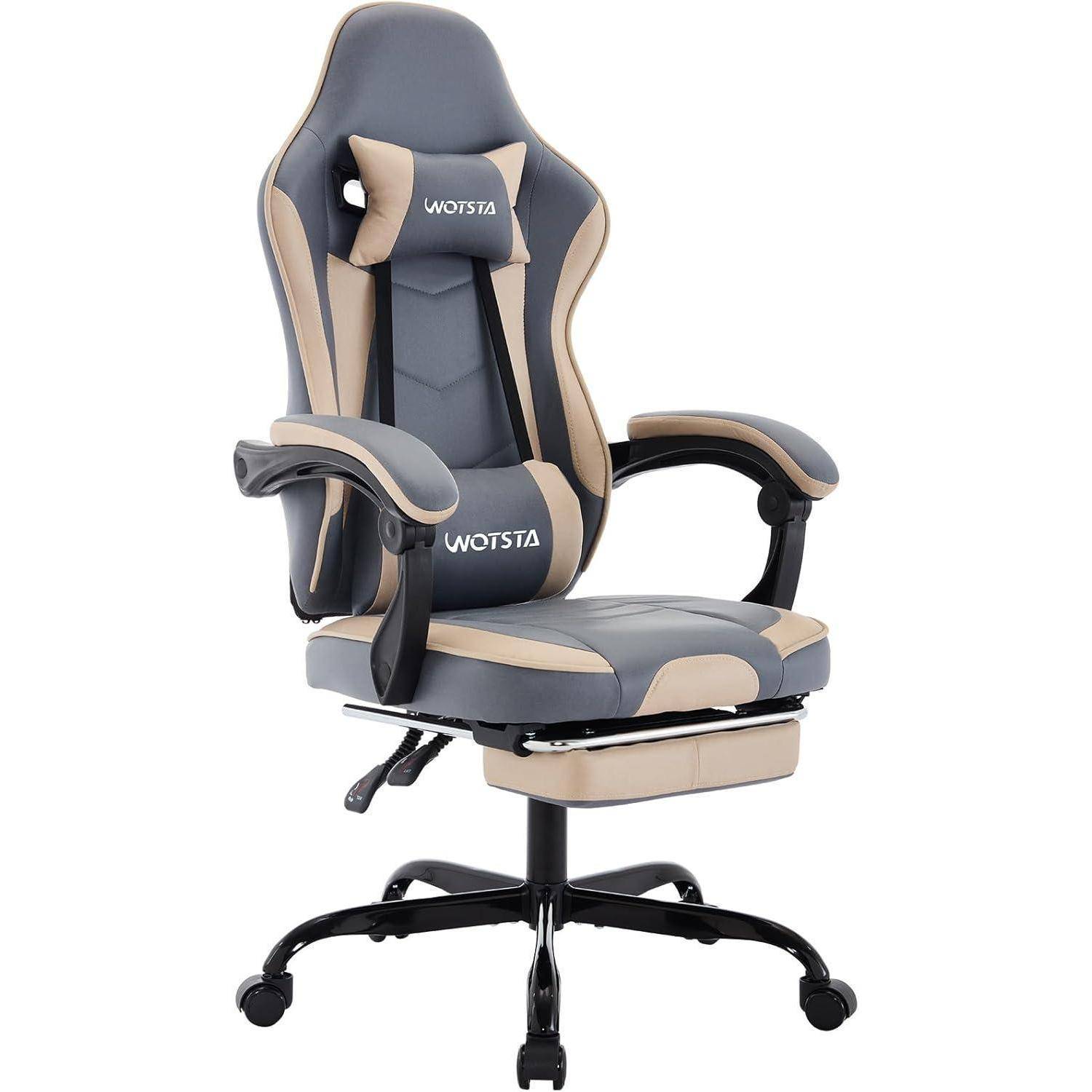 Gaming-Stuhl in Grau und Beige, ausgestattet mit gepolsterten Armlehnen und einem verstellbaren Rückenlehnen.