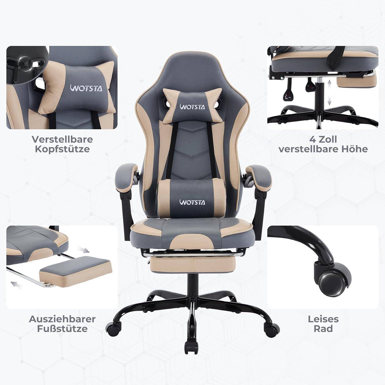 Ein ergonomischer Bürostuhl mit verstellbarer Kopfstütze, 4-Zoll-Höhenverstellung, ausziehbarer Fußstütze und leisen Rollen.