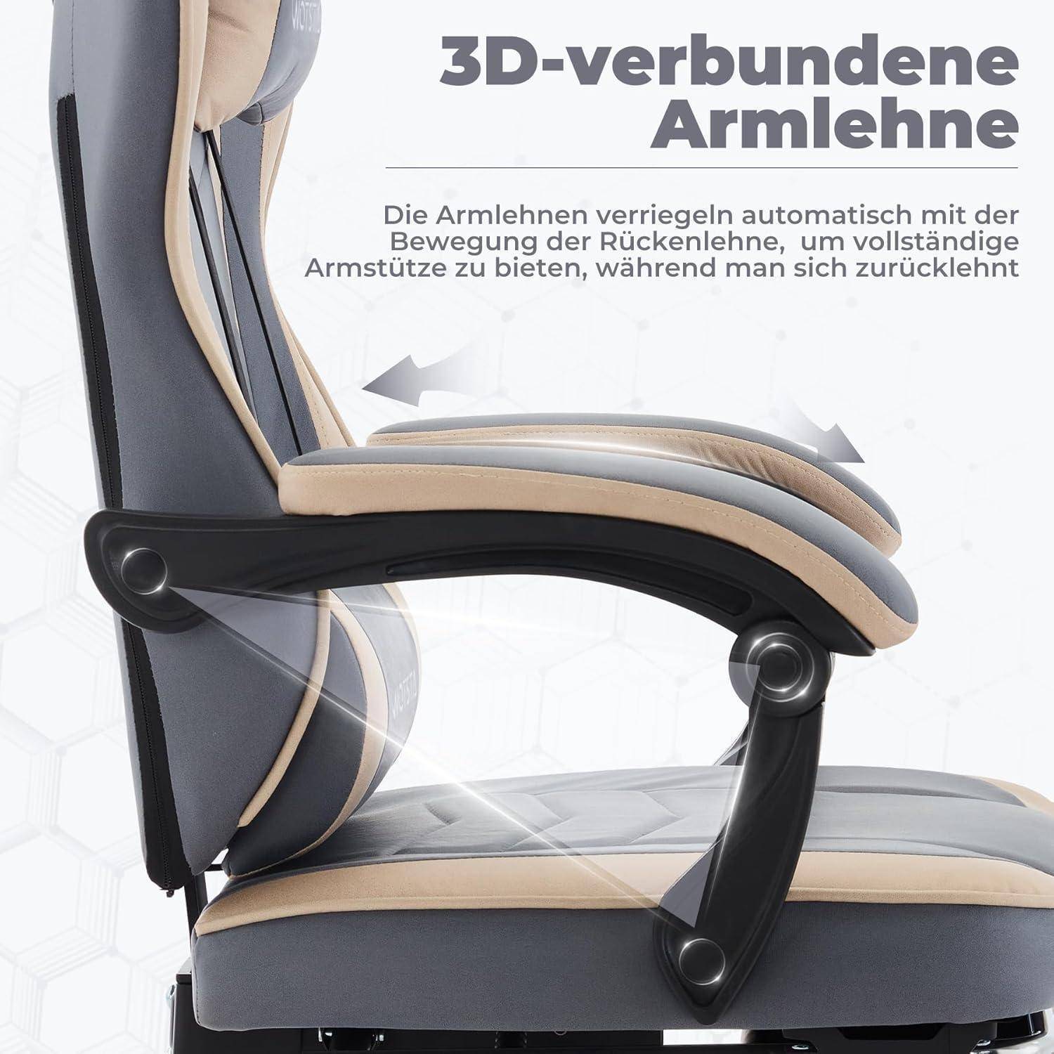 Seitenansicht eines Bürostuhls mit verstellbaren Armlehnen, die als '3D-verbundene Armlehne' beschrieben werden, wobei die ergonomischen Merkmale hervorgehoben sind.