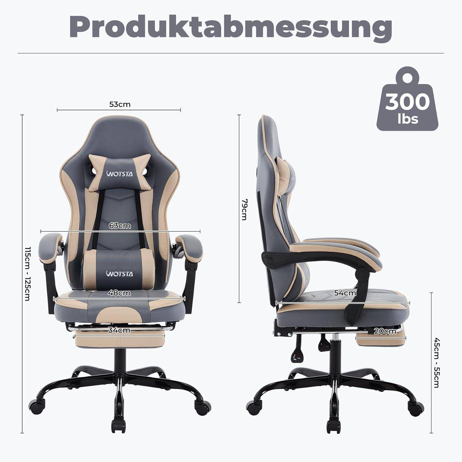 Gamingstuhl mit Fußstütze, ergonomisches Design, BlauBeige