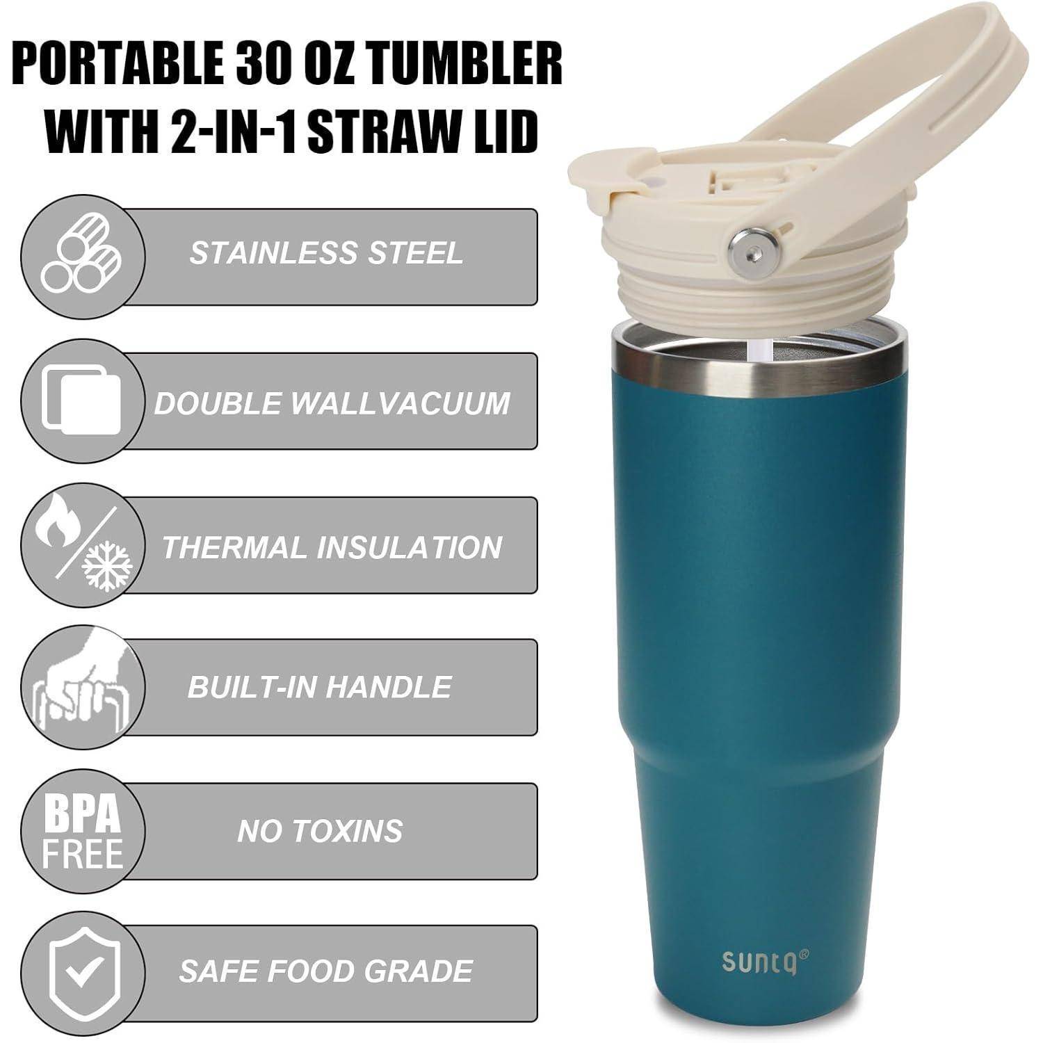 Tragbarer 30 oz Thermobecher mit 2-in-1 Deckel mit Strohhalm. Eigenschaften: Edelstahl, doppelwandig, Vakuumisolierung, integrierter Griff, BPA-frei, frei von Giftstoffen, lebensmittelecht.