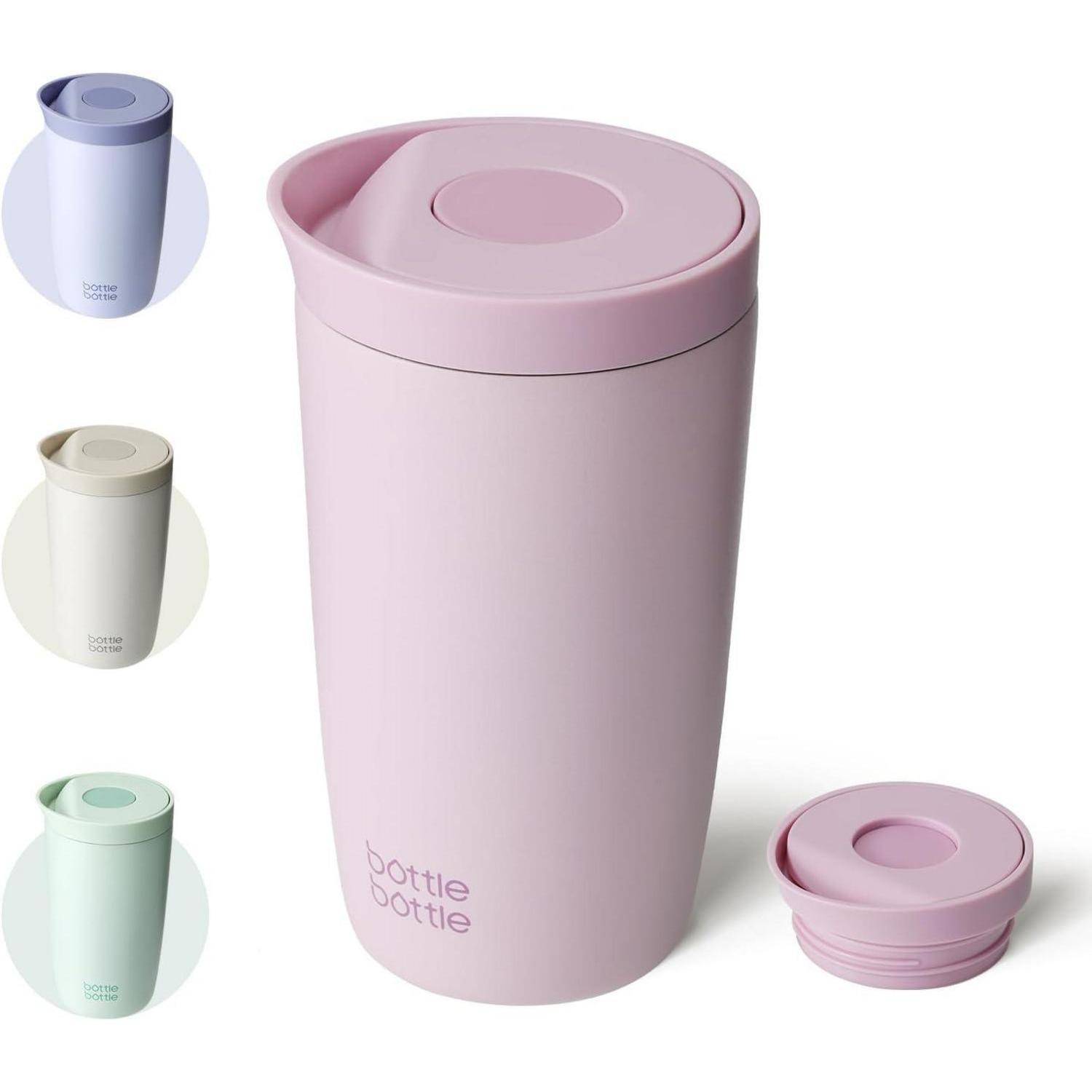 Ein rosa wiederverwendbarer isolierter Becher mit dem Text 