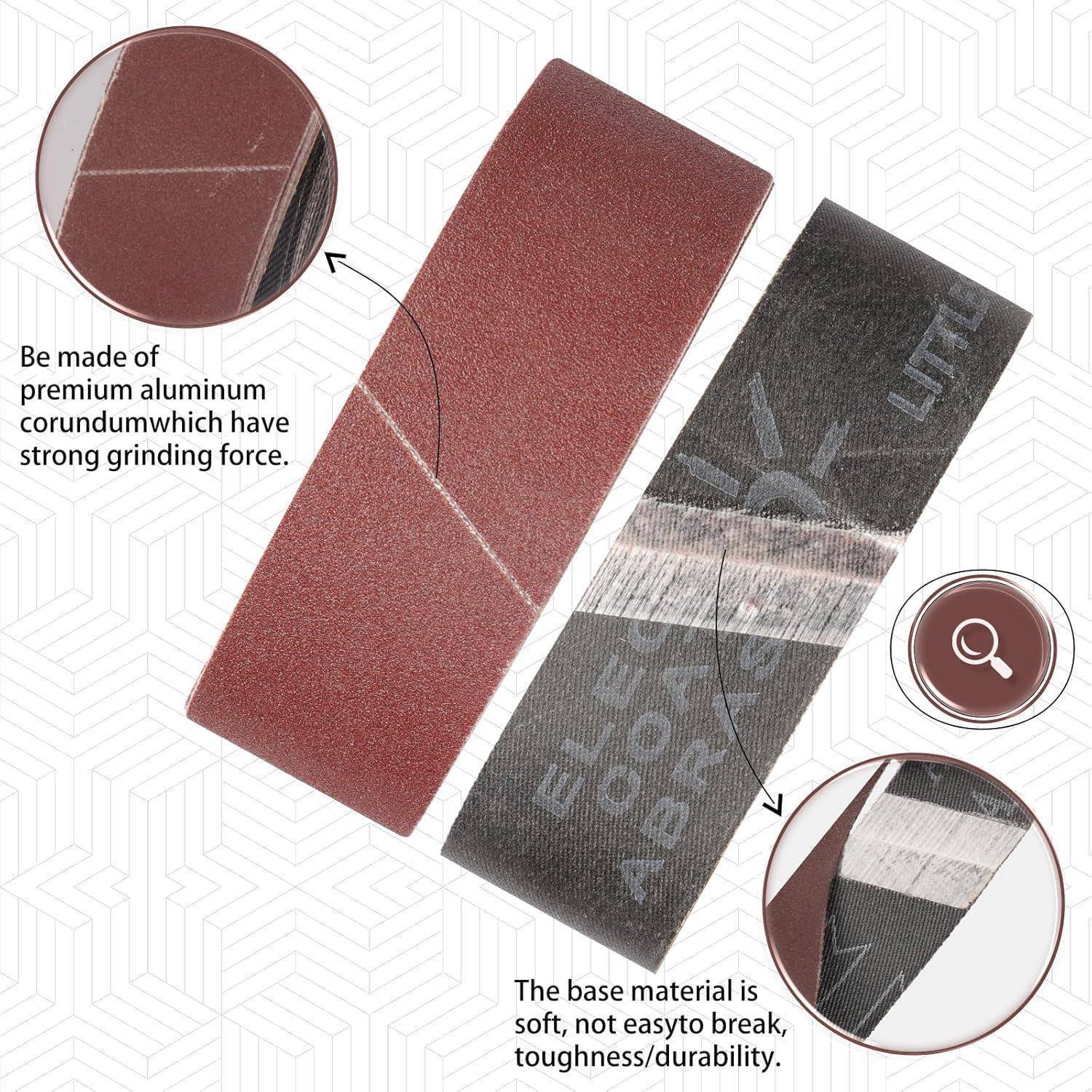 Ein strukturierter Schleifgürtel mit hervorgehobenen Merkmalen: 'Premium-Aluminiumkorund für starke Schleifkraft' und 'Weiche, strapazierfähige Grundmaterialien'.