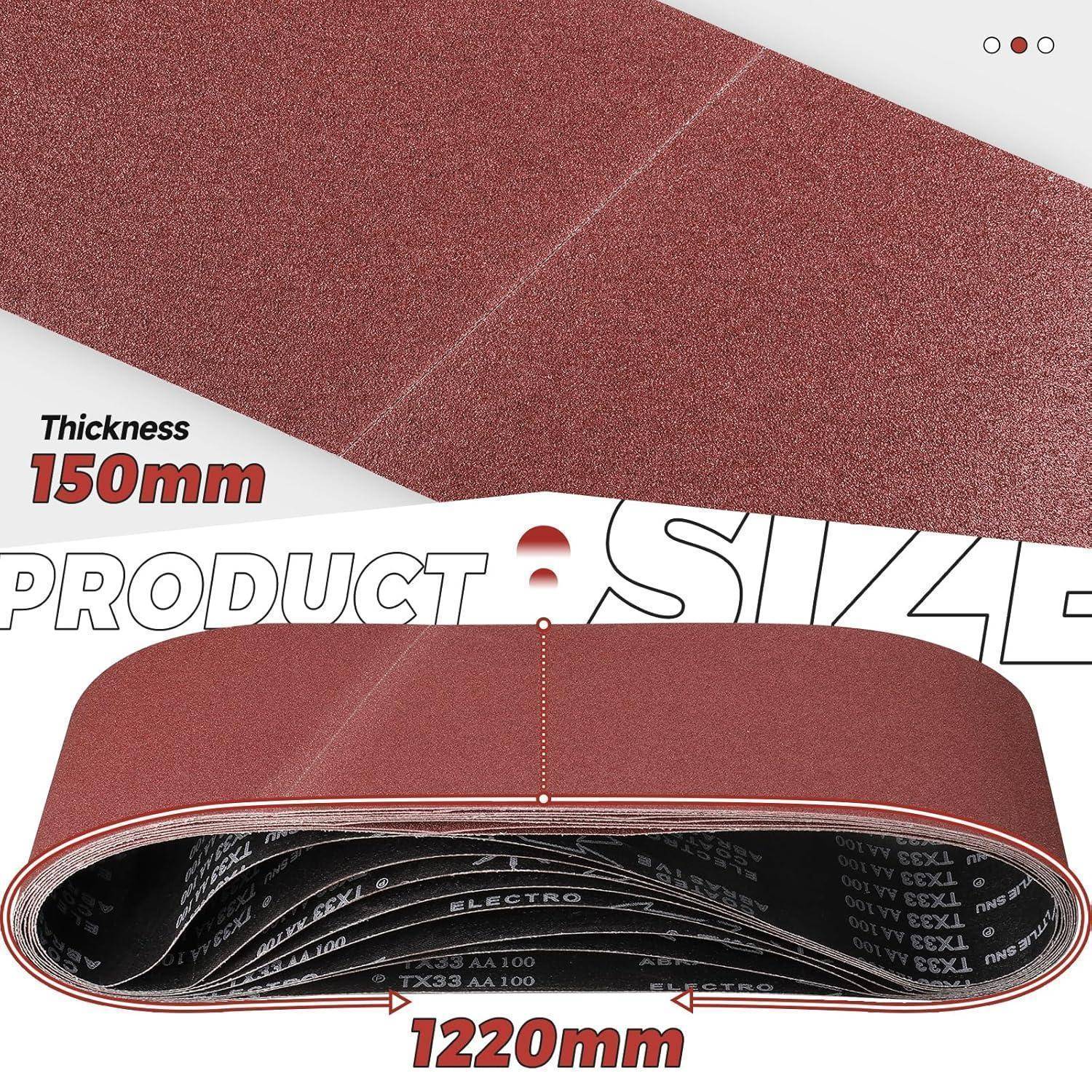 Schleifband, 150 mm Dicke, 1220 mm Breite. Geeignet für Holz-, Metall- und Kunststoffbearbeitung. Produktanzeigebild.