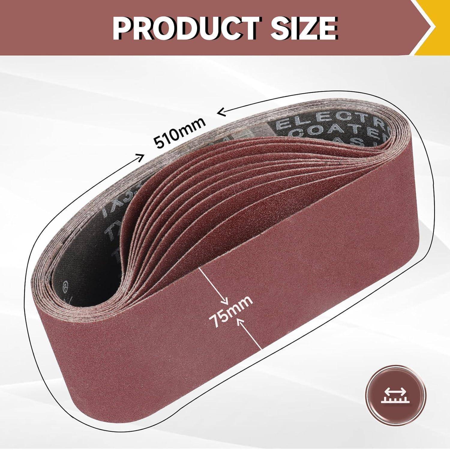 Produktgröße' Beschriftung mit einer Schleifpapierrolle, die 510 mm x 75 mm misst, dargestellt mit Maßpfeilen.