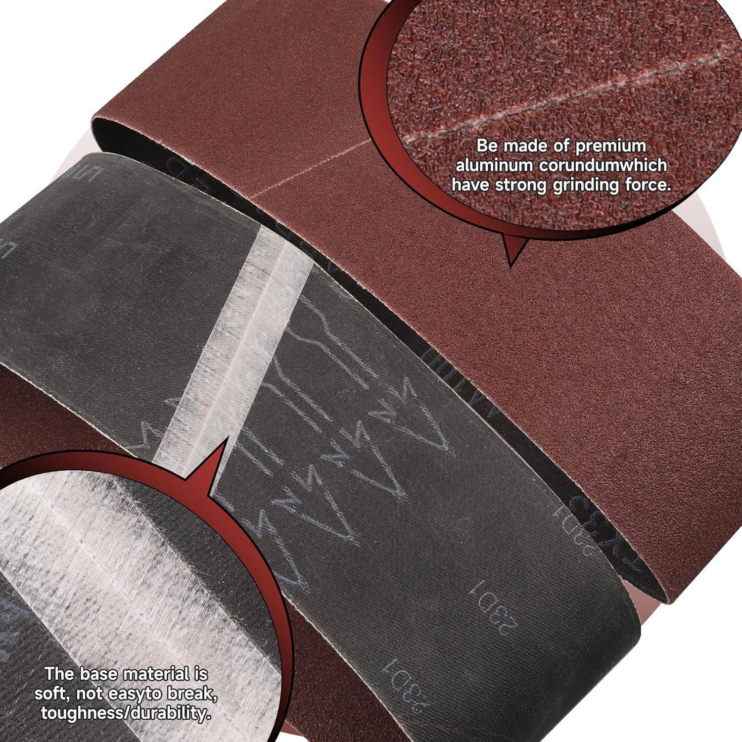 Drei Schleifbänder aus hochwertigem Aluminiumkorund mit folgendem Text: 'Hergestellt aus hochwertigem Aluminiumkorund mit starker Schleifkraft' und 'Das Grundmaterial ist weich, nicht leicht zu brechen, zäh und langlebig.