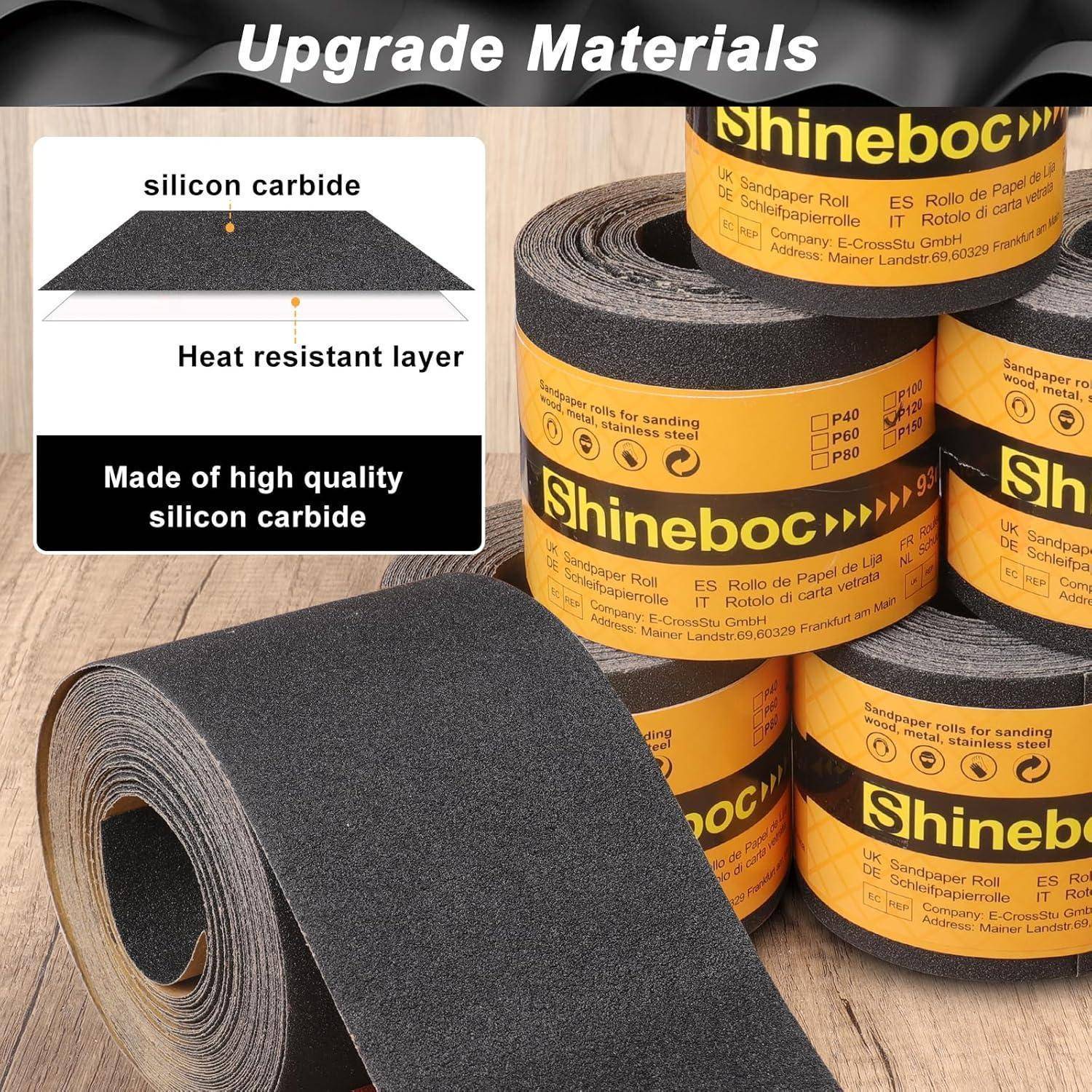 Schleifpapierrollen mit der Markenbezeichnung Shineboco, die eine hitzebeständige Siliziumkarbidschicht für hochwertige Anwendungen aufweisen. Materialverbesserung.