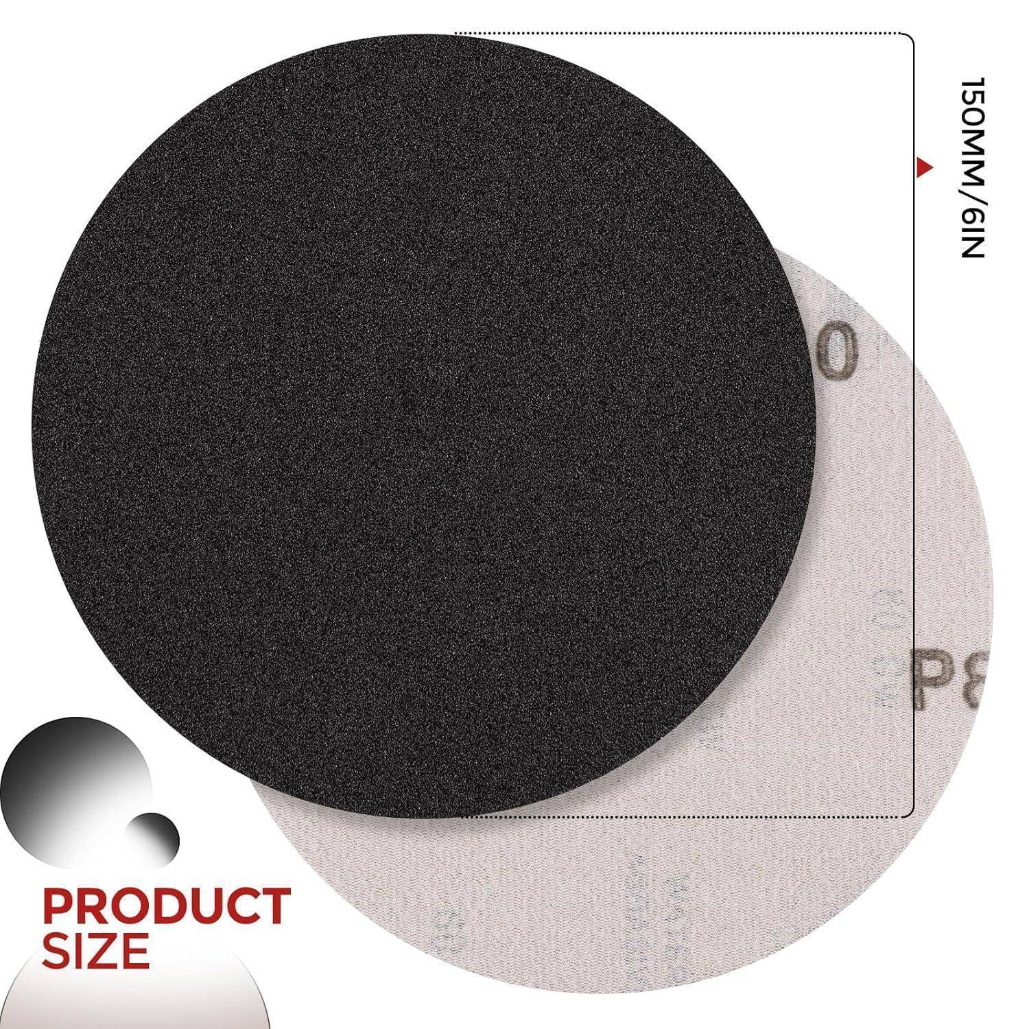 Produktgröße: 150 mm/6 Zoll ist neben einer kreisförmigen Schleifscheibe geschrieben, die sowohl die Schleifseite als auch die Rückseite zeigt und deren Größe und Textur demonstriert.