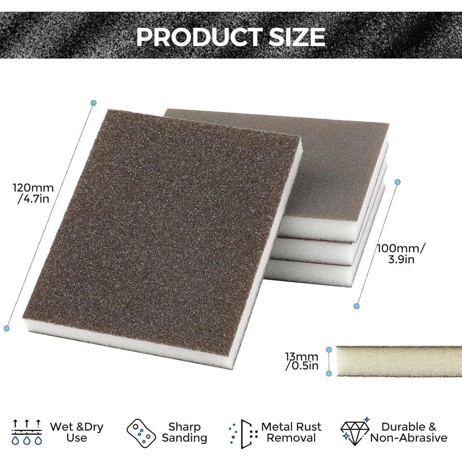 Produktgröße' Bild mit Abmessungen des Schleifsvchwamms: 120mm x 100mm x 13,5mm. Highlights: nass & trocken verwendbar, präzises Schleifen, Metallrostentfernung, langlebig & schonend.