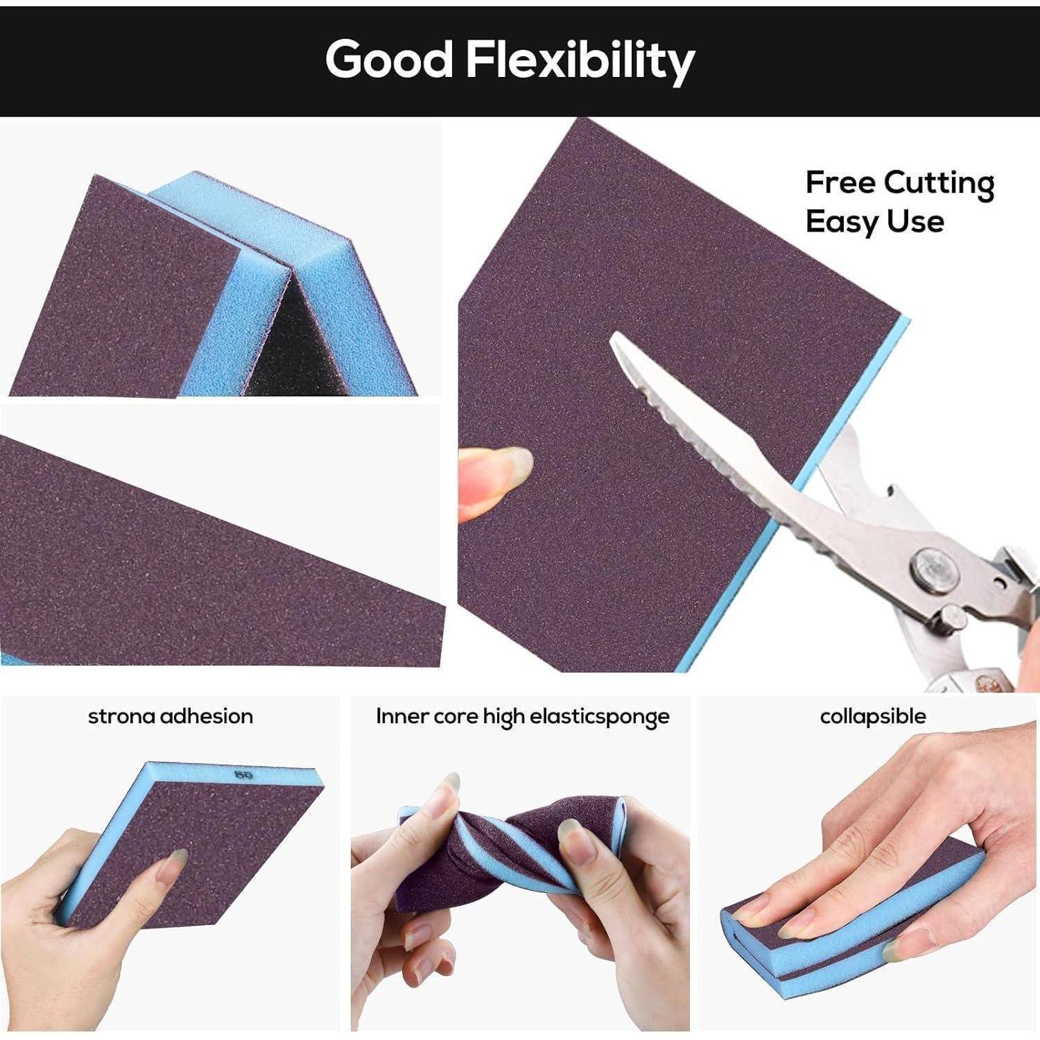 Flexibler Schleifsvampf, Hervorhebung der Eigenschaften: gute Flexibilität, freies Schleifen, einfache Anwendung. Bilder zeigen Biegung und Schneiden.