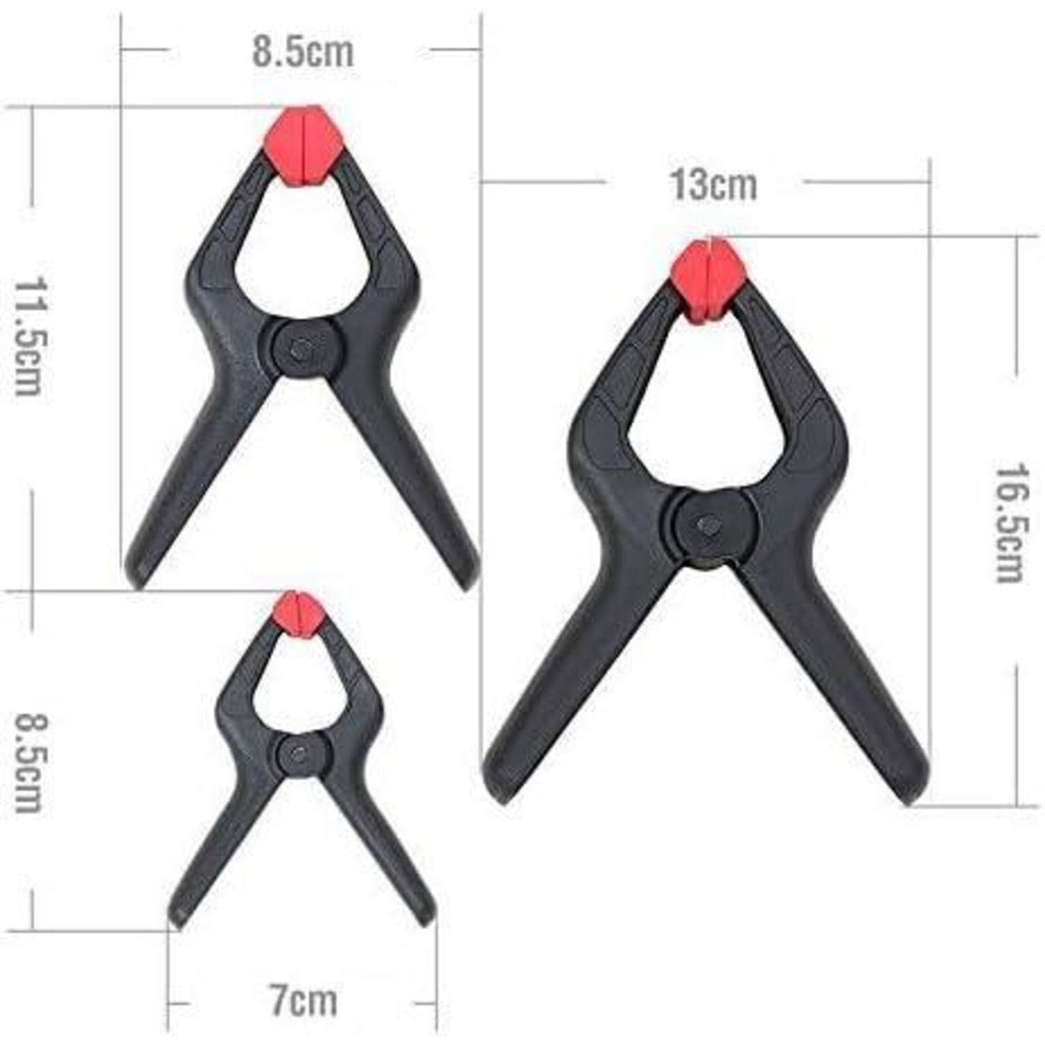 Bild von drei schwarzen Klammern mit roten Spitzen in den Größen 7 cm, 11,5 cm und 16,5 cm hoch, beschriftet mit Abmessungen für Breite und Höhe.