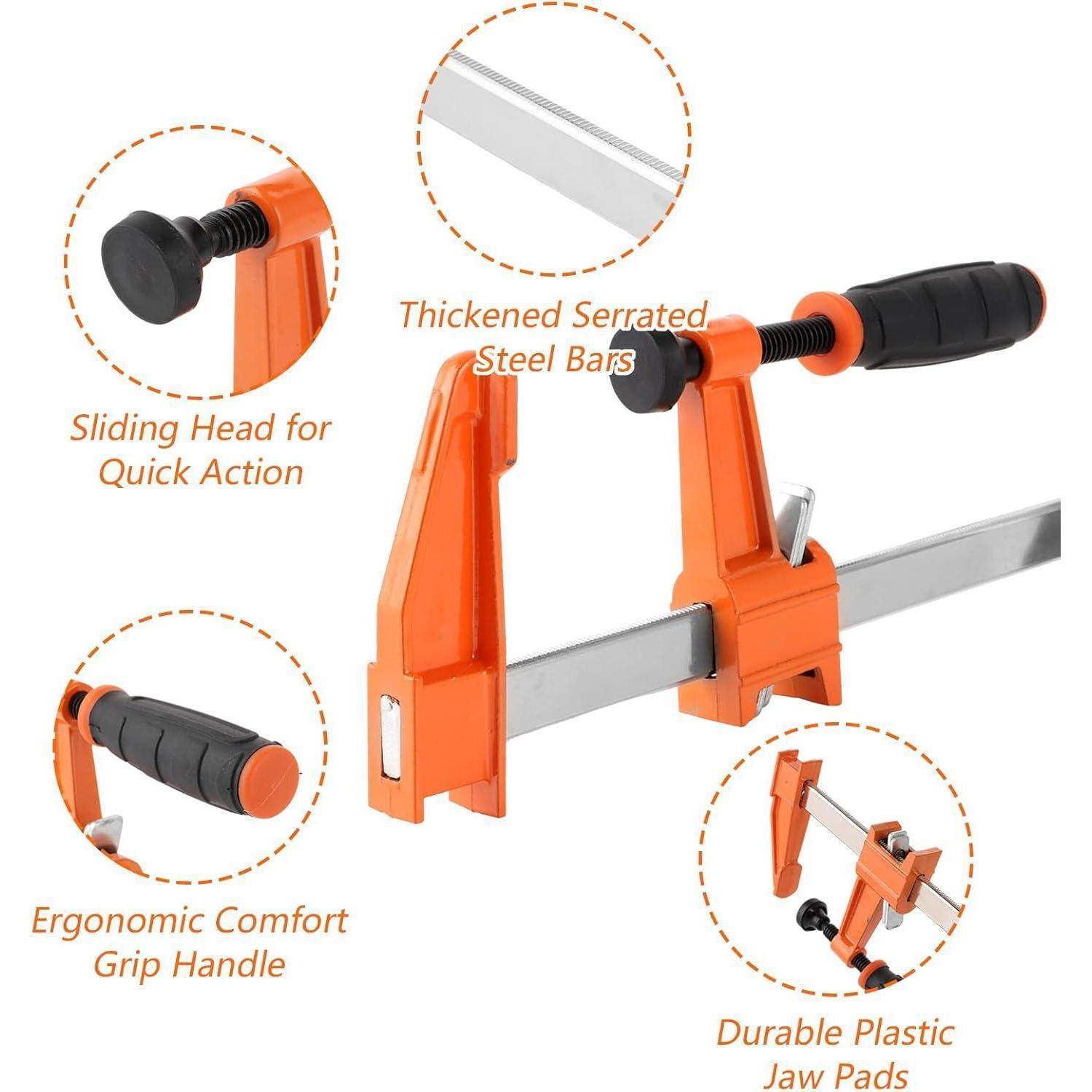 Eine orangefarbene Klemme mit einem gleitenden Kopf für schnelles Handling, ergonomischem Griff, verdickten gezahnten Stahlstreben und robusten Kunststoff-Backenpolstern.