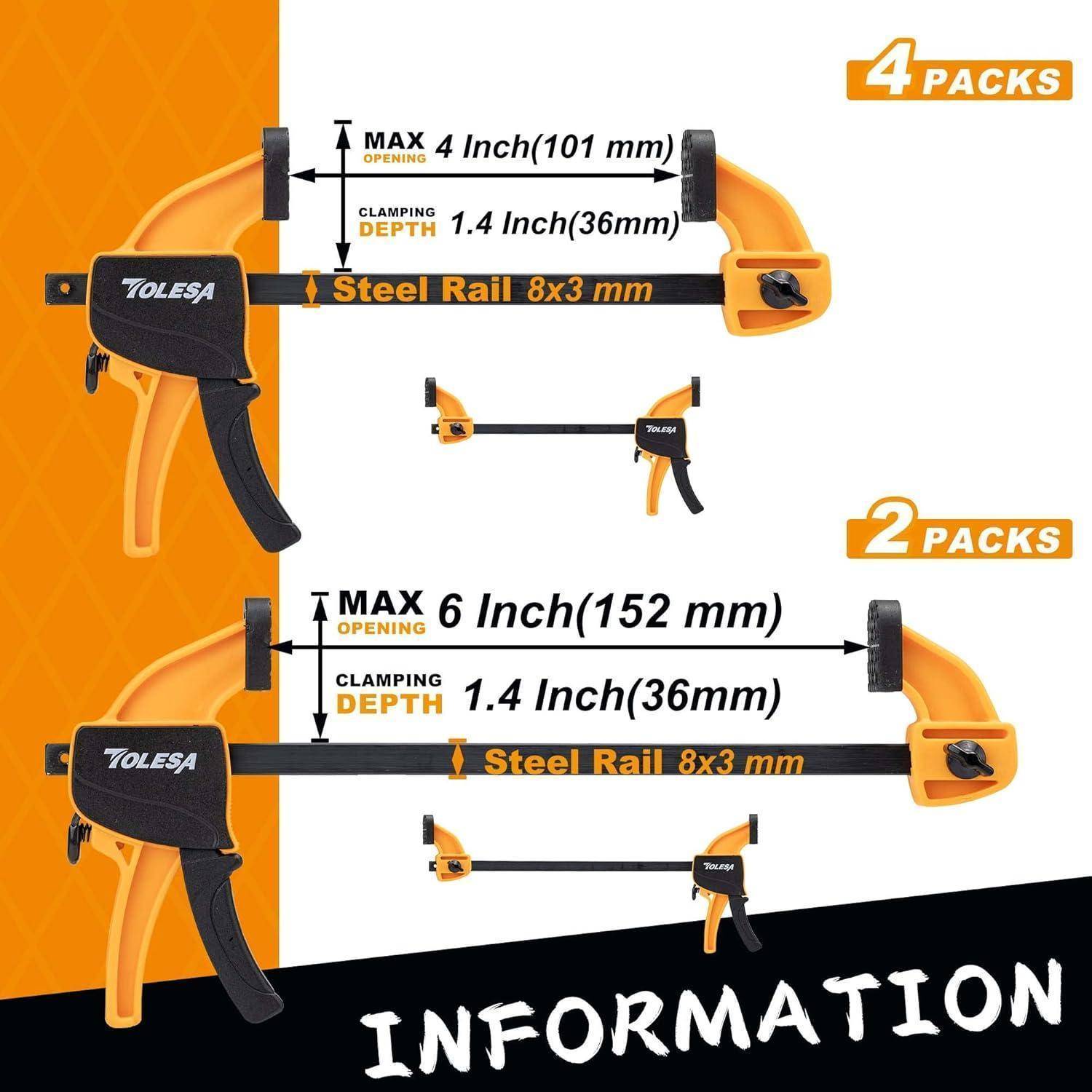 TOLESA' Schraubzwingen in Orange und Schwarz, mit Abmessungen: 4-Zoll und 6-Zoll maximale Öffnungsweite, 1,4-Zoll Klemmtiefe, Stahlschiene 8x3mm. Erhältlich in 4er- und 2er-Packungen.