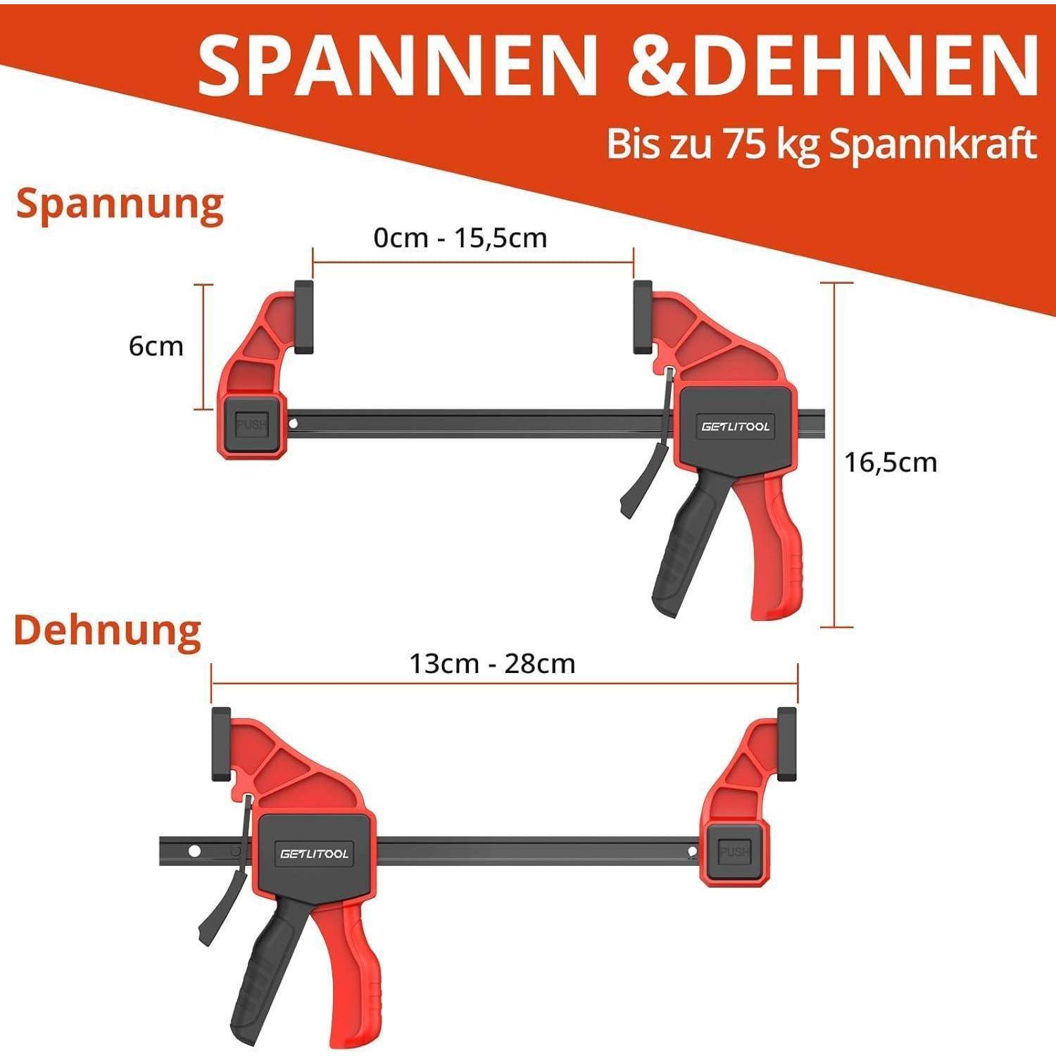 Eine Abbildung, die zwei rote Klammern zeigt, die mit 'Spannen' (oben) und 'Dehnung' (unten) beschriftet sind, mit Messangaben, die ihren Einstellbereich angeben.