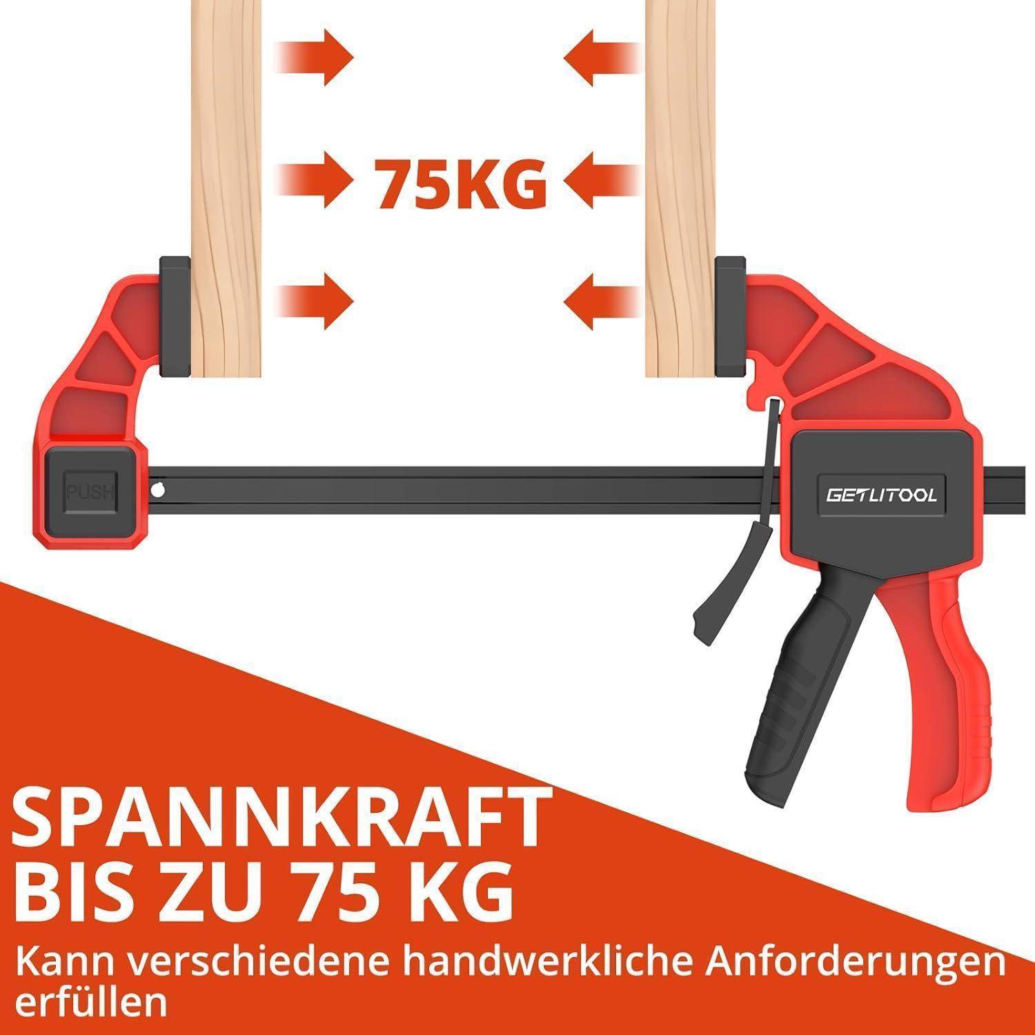 Eine rote Klemmzange, die eine Spannkraft von bis zu 75 kg zwischen zwei Holzstücken demonstriert. Text liest sich: 'Spannkraft bis zu 75 kg'.
