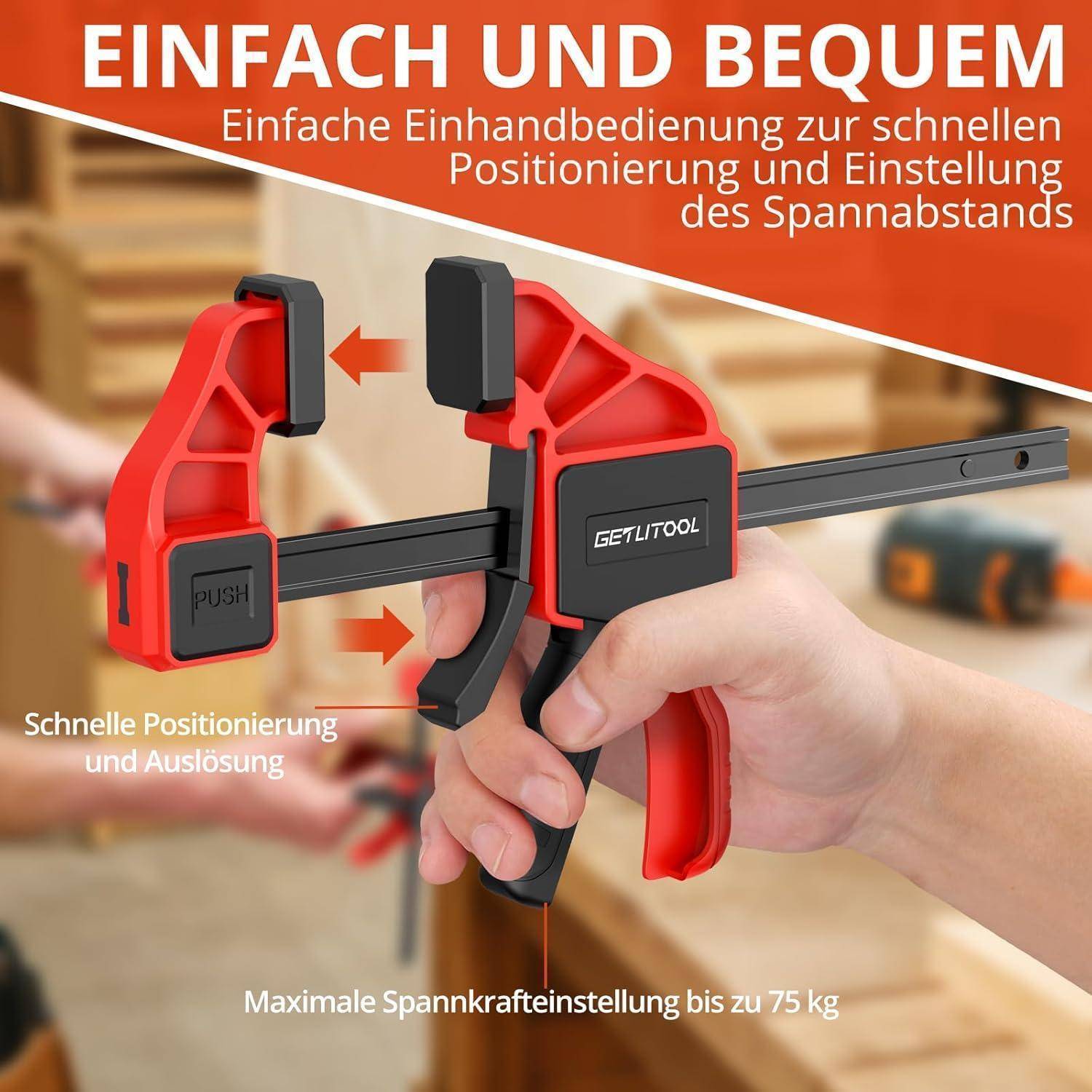Eine rote und schwarze Schnellspannklemme, die in einer Hand gehalten wird und die Bedienung mit einer Hand zur schnellen Positionierung demonstriert. Der deutsche Text beschreibt die Benutzerfreundlichkeit.