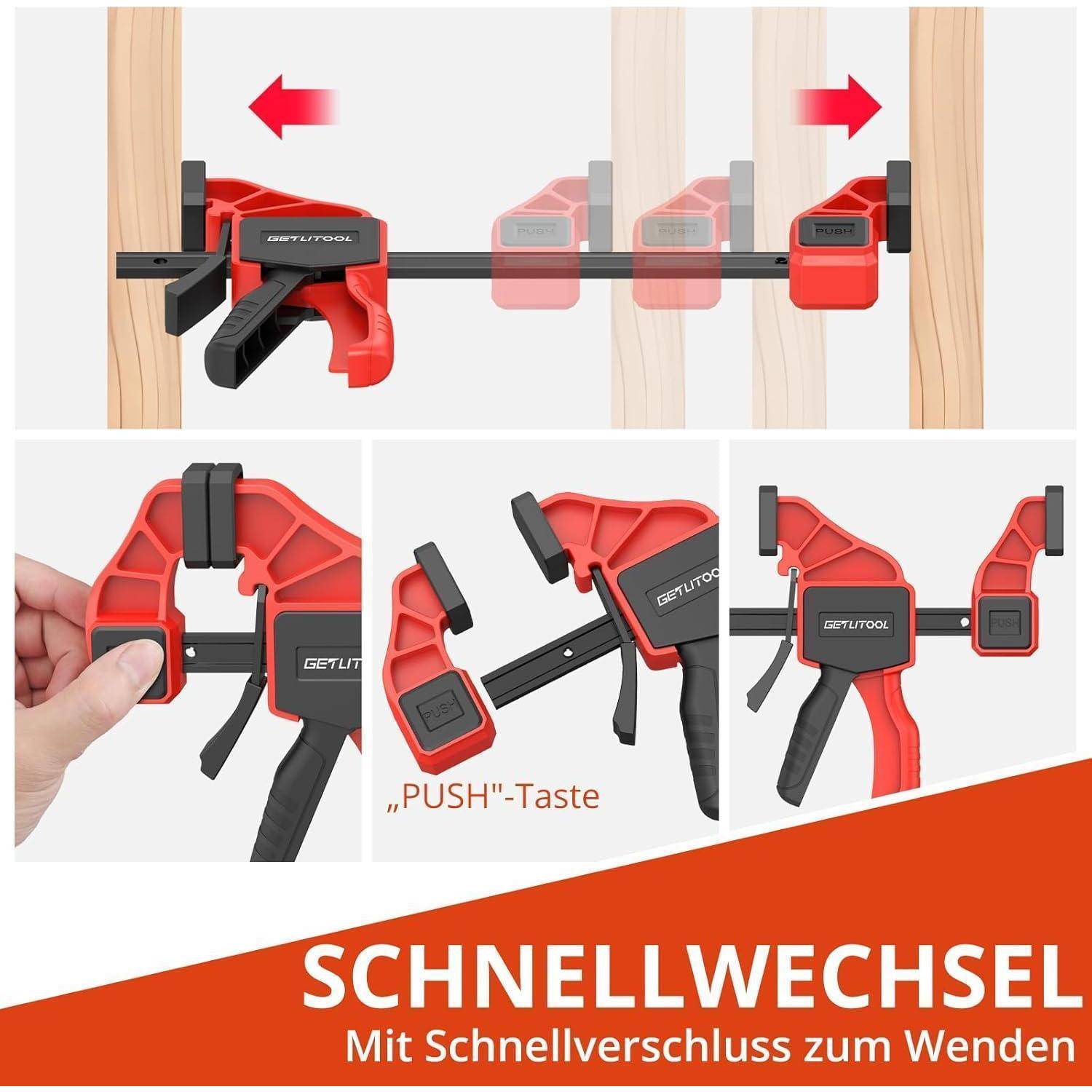 Das Bild zeigt eine Schnellspannzwinge mit einem roten Griff, die mit ‚PUSH!' beschriftet ist, um die Tastenfunktion zu verdeutlichen und eine einfache Verstellung zu betonen.