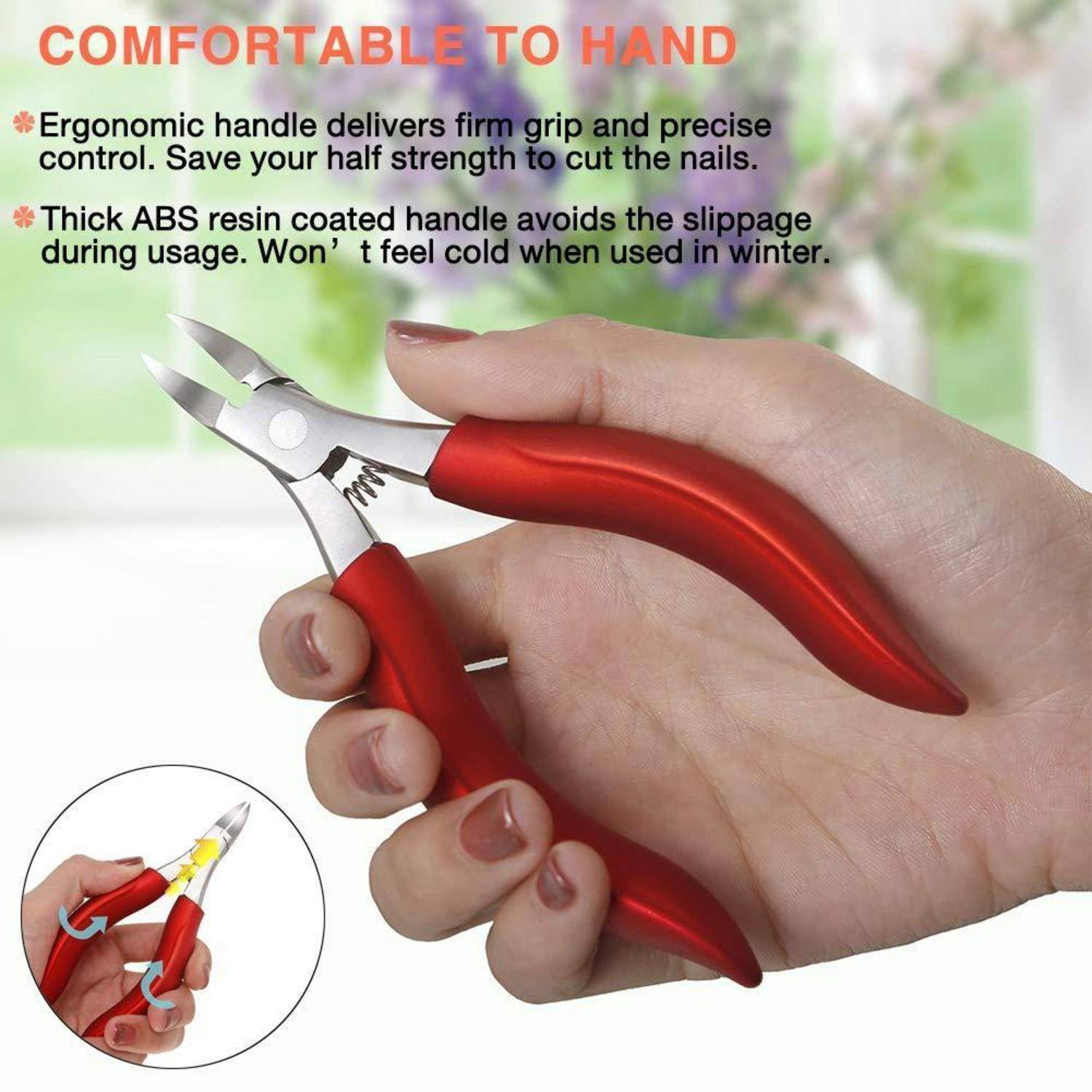Eine Hand hält ein rotes ergonomisches Werkzeug mit einer silbernen Spitze, das als ein sicherer und rutschfester Schneider beschrieben wird, der auch unter kalten Bedingungen effektiv bleibt.