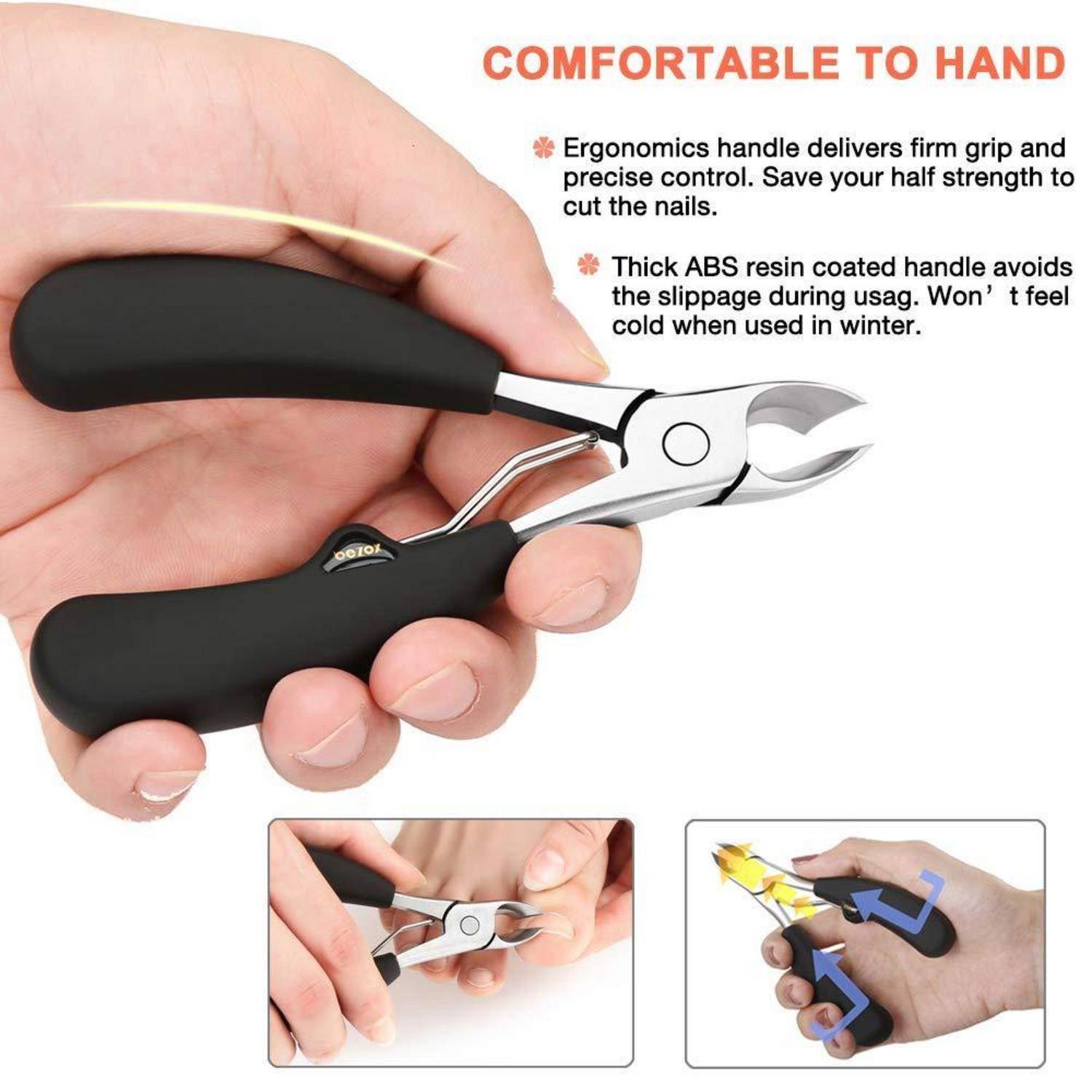 Eine Hand hält Nagelschere mit schwarzen ergonomischen Griffen; Der Text hebt den festen Griff, die Schneidepräzision und die Kältebeständigkeit im Winter hervor.