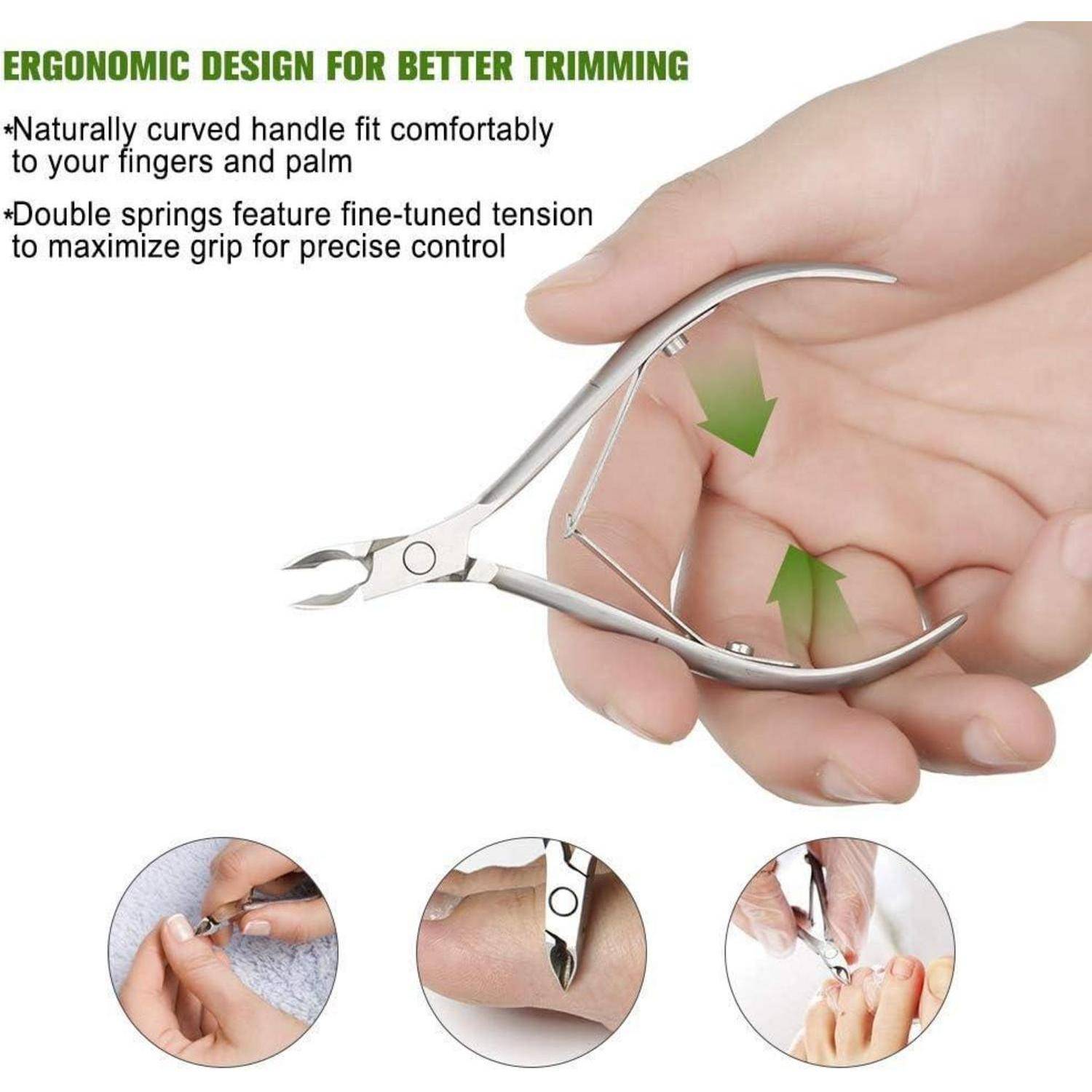 Nagelknipser mit ergonomischem Design; gebogener Griff, Doppelfedern für Präzision. Bilder zeigen Anwendung auf Nägeln. Text hebt Vorteile hervor.
