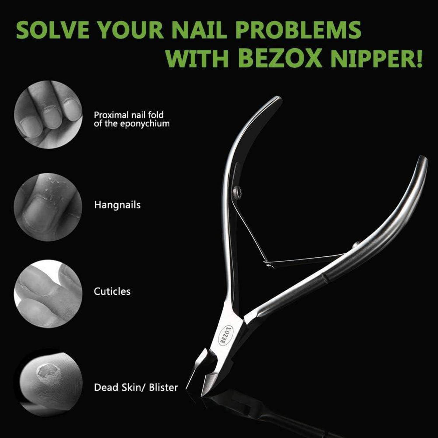 Nagelzange zum Lösen von Problemen wie Hautfetzen, Nagelhaut, Nagelfalz, toter Haut/Blasen. Bild zeigt Zange und Nagelprobleme.
