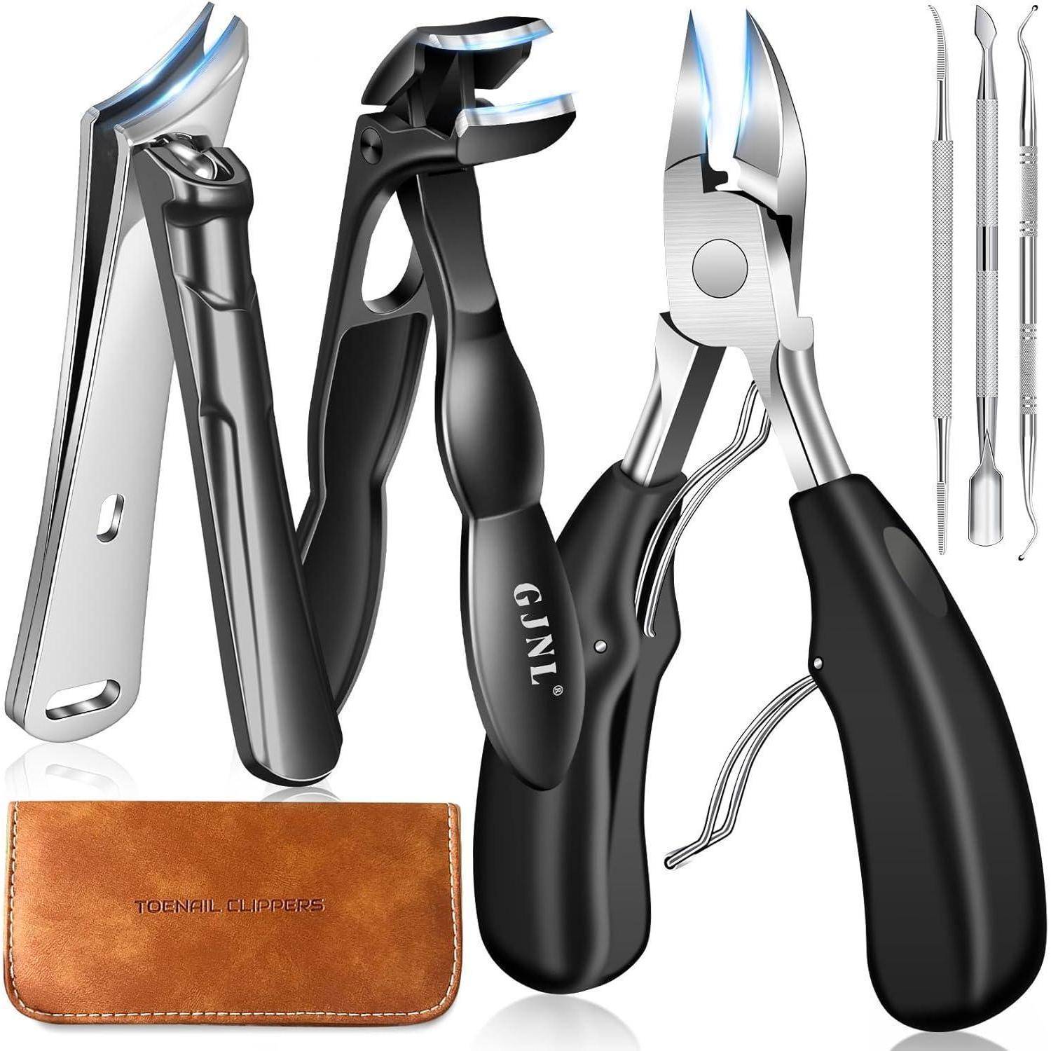 Nagelpflegeset mit schwarzer Nagelschere, Nagelhautentferner und Ledertasche, entwickelt für präzises Trimmen und persönliche Körperpflege.