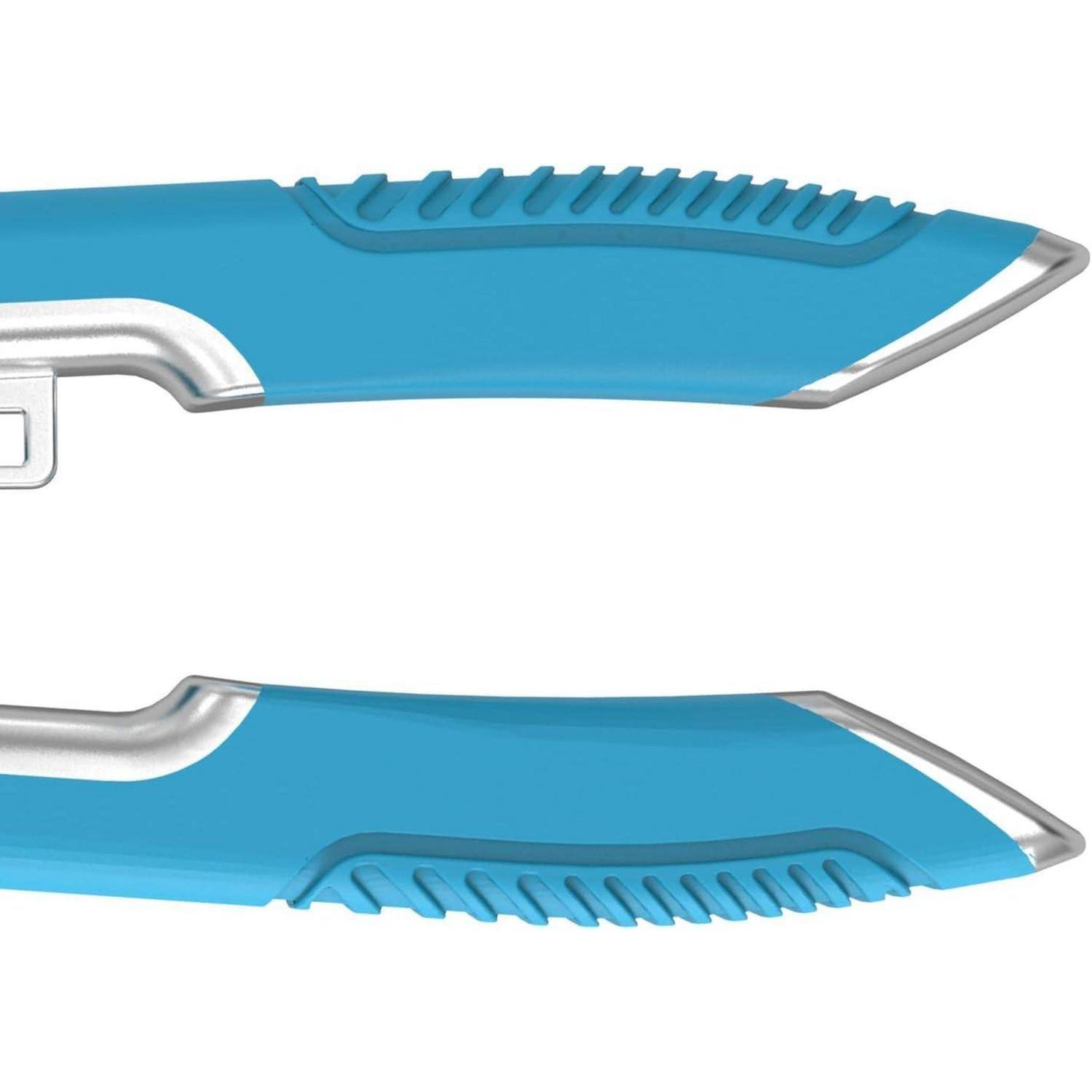 Ein blau-silbernes Universalmesser mit einziehbarer Klinge, das für präzise Schnitte in verschiedene Materialien entwickelt wurde. Das Design verfügt über ergonomische Griffelemente.