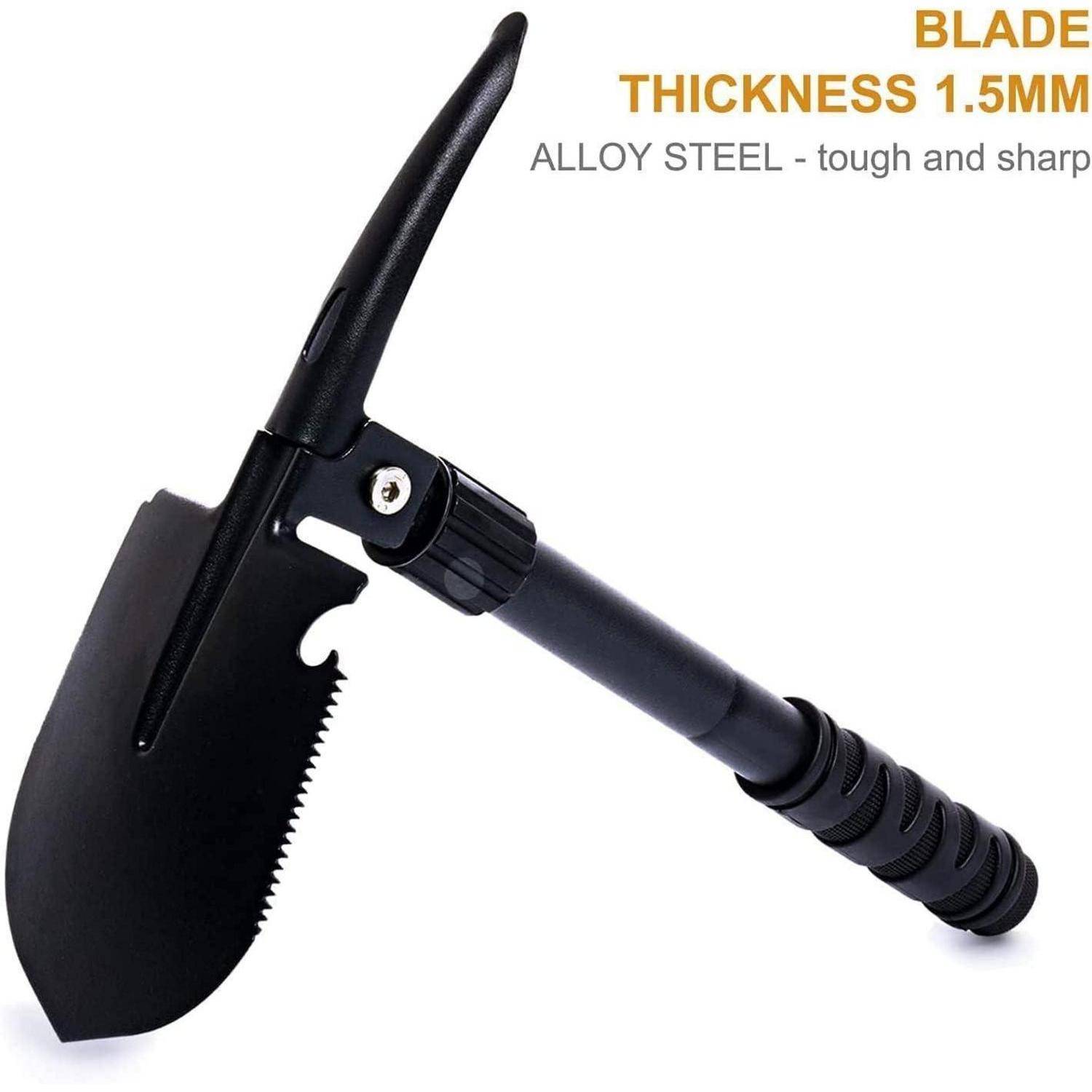 Ein schwarzes Mehrzweckwerkzeug mit Spatenklinge und Sägeziehen wird gezeigt, mit der Beschriftung „Klingenstärke 1,5 mm, Legierungsstahl - hart und scharf