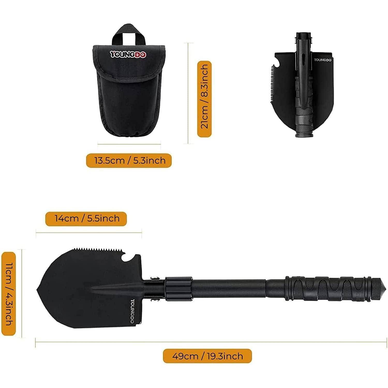 Klappbare Schaufel mit Sägeschneide, kompaktes Design. Inklusive Tragetasche. Gesamtlänge: 49 cm. Schaufelkopf: 14 cm breit, 11 cm lang.