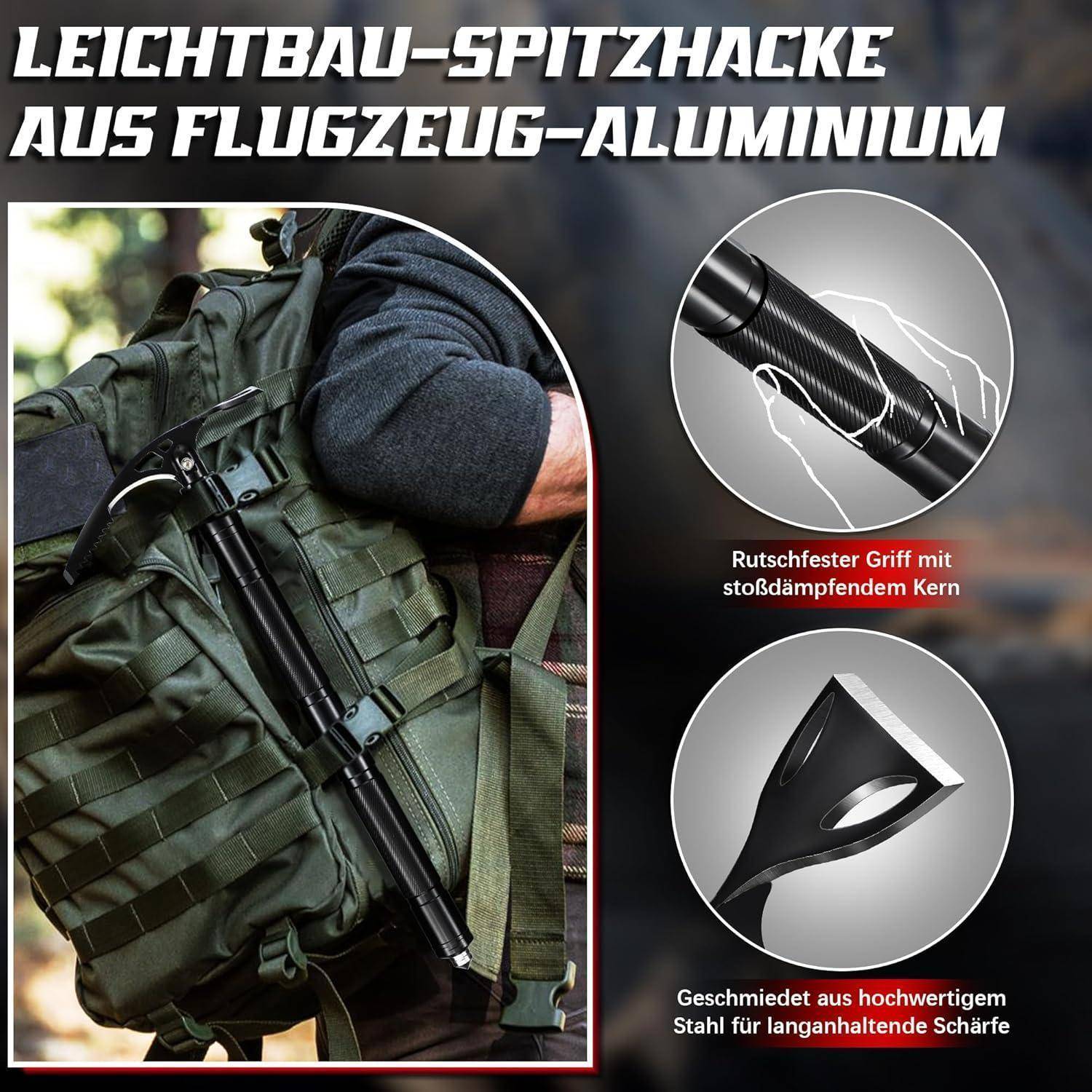Spitzhacke Kreuzhacke Gartenhacke 8in1 Stiel Survivalmesser 42cm