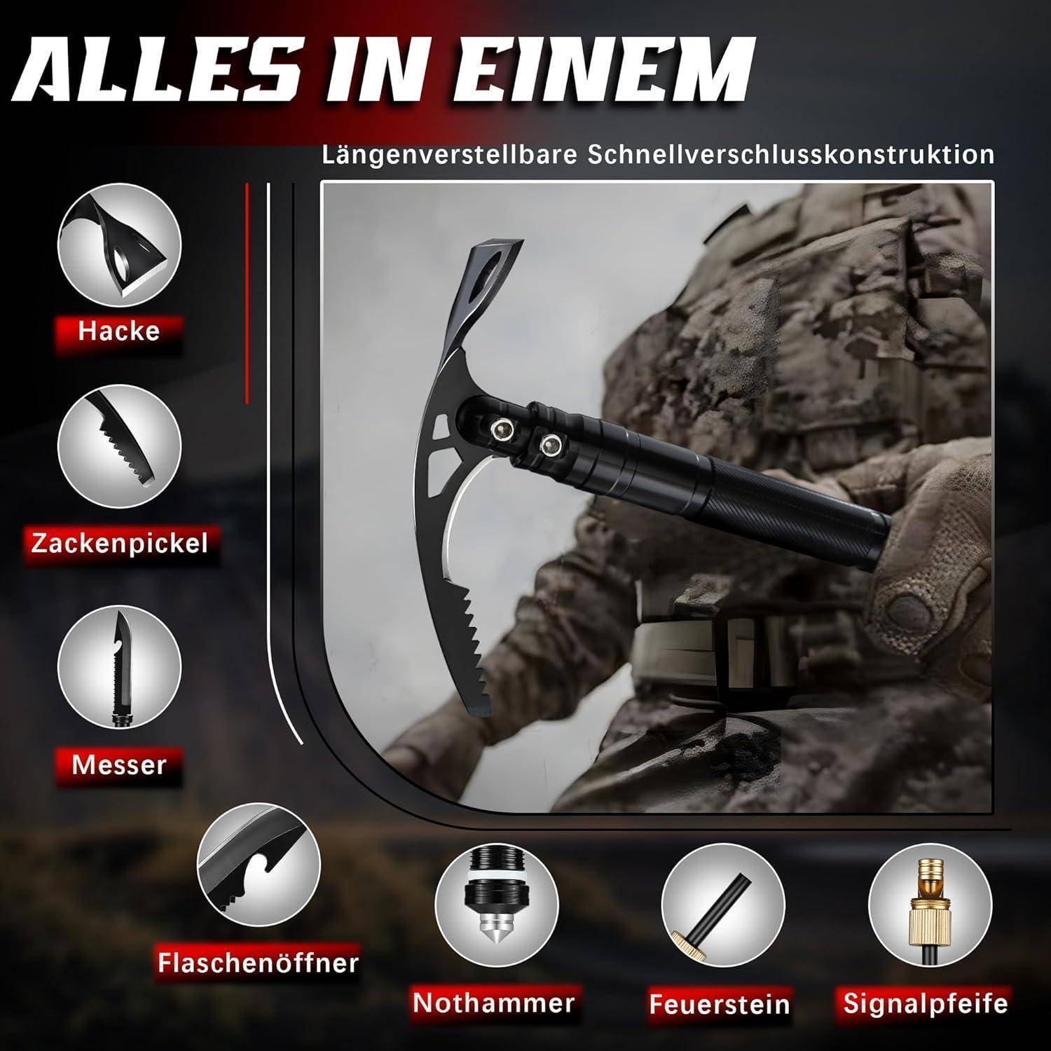 Spitzhacke Kreuzhacke Gartenhacke 8in1 Stiel Survivalmesser 42cm