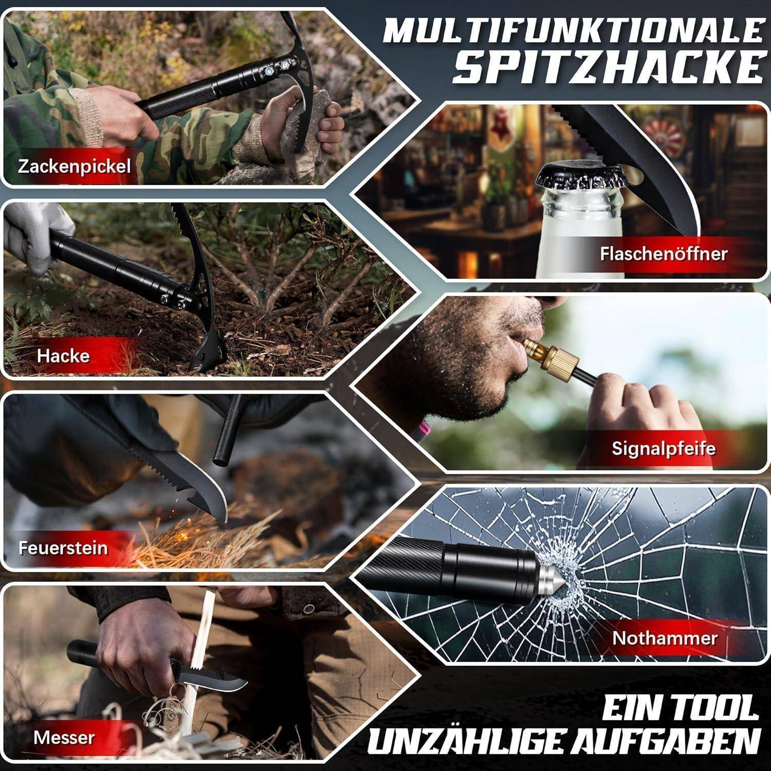 Spitzhacke Kreuzhacke Gartenhacke 8in1 Stiel Survivalmesser 42cm