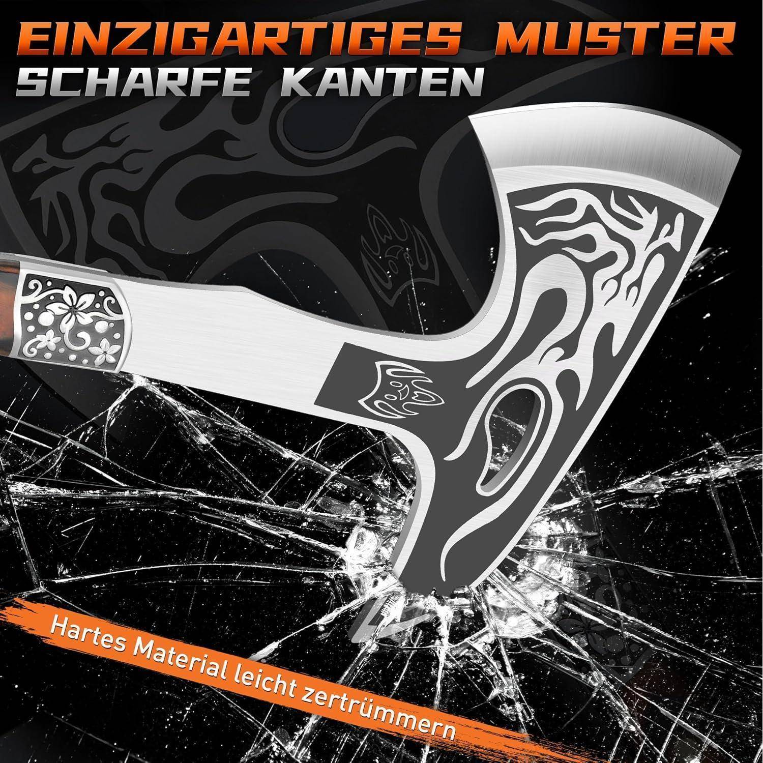 Eine Axt mit kunstvollen Mustern auf der Klinge zerschmettert Glas. Der Text liest sich: 'Einzigartiges Muster' und 'Harte Materialien leicht zertrümmern'.