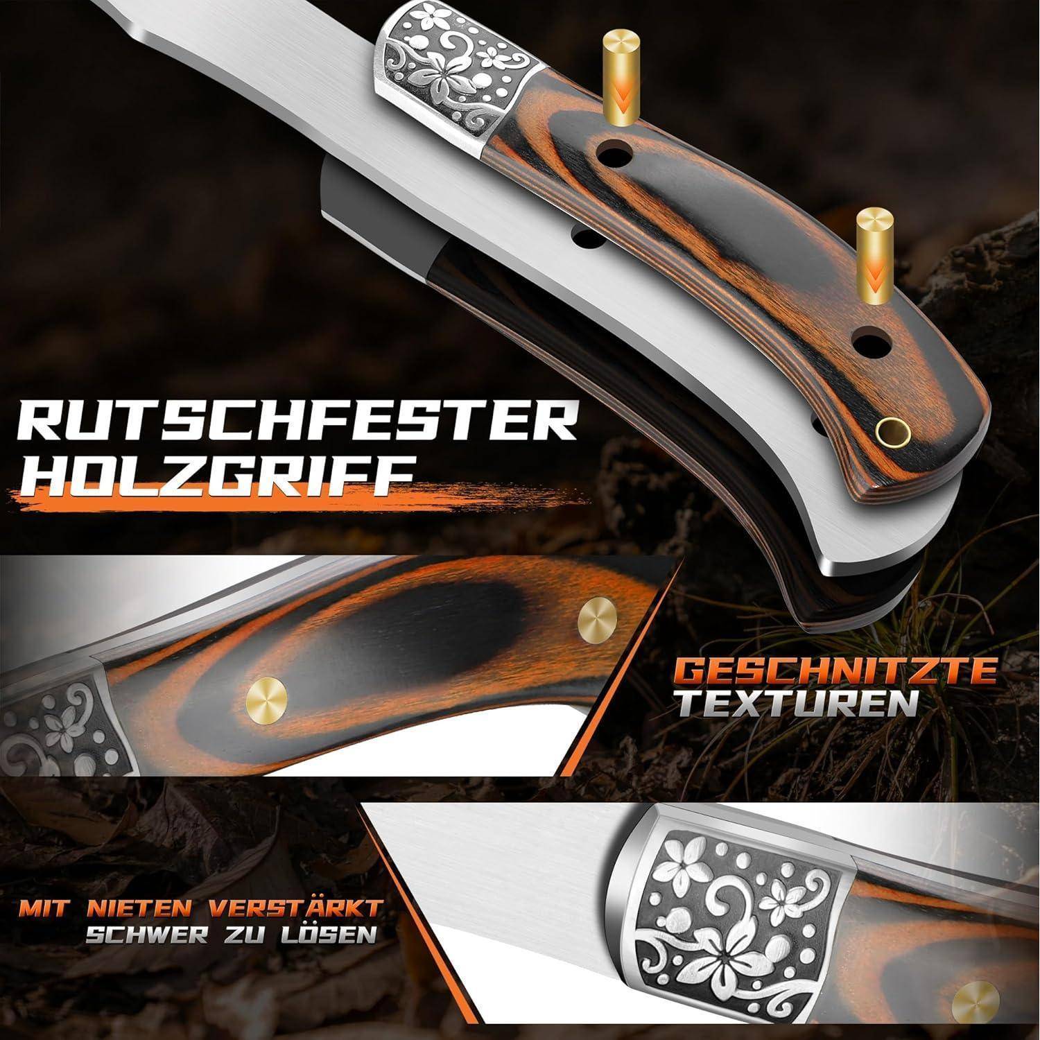 Taschenmesser mit strukturiertem Holzgriff für sicheren Halt. Merkmale umfassen dekorative Elemente und verstärkte Klinge.
