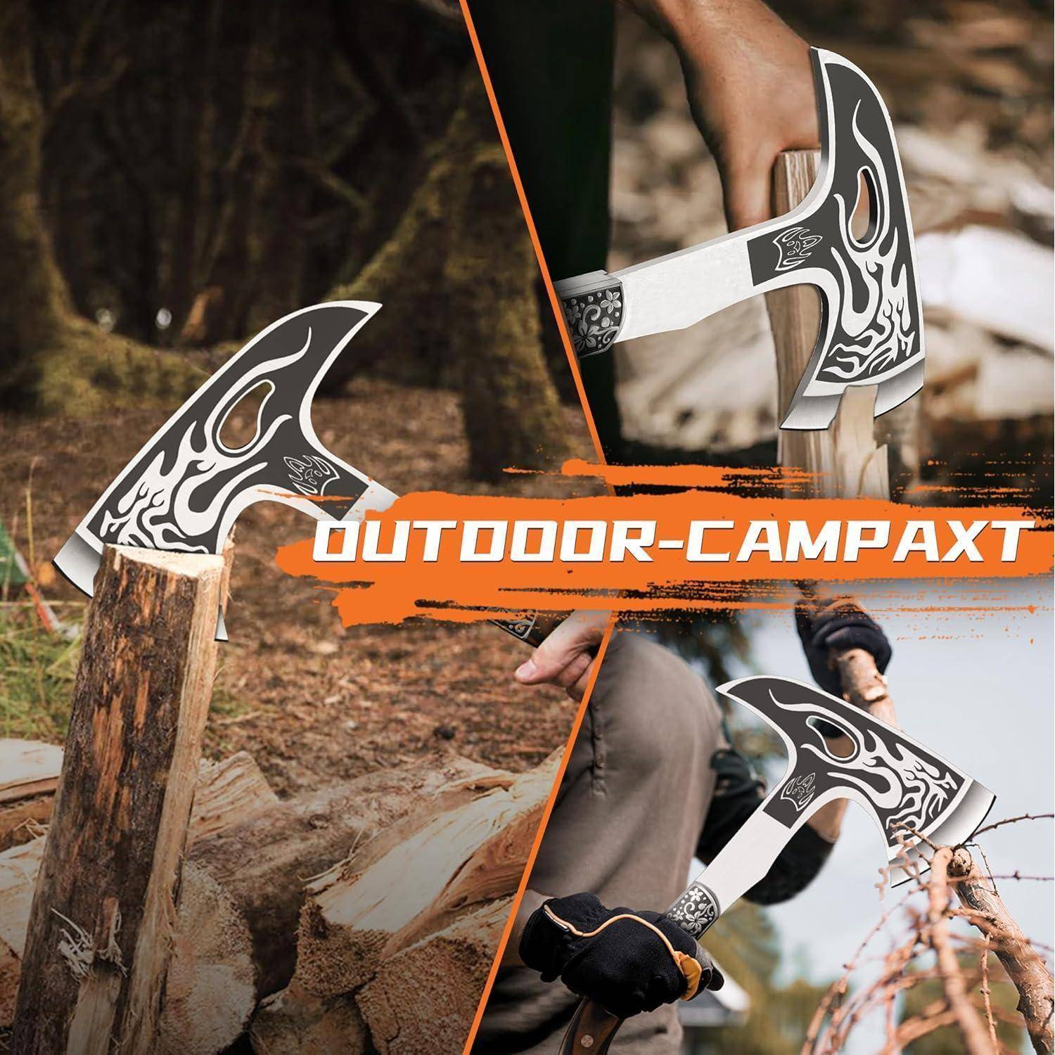 Eine dekorative Axt mit kunstvollen Mustern wird gezeigt, wie sie draußen Holz hackt. Der Text ‚OUTDOOR-CAMPAX1' ist prominent in Orange dargestellt.