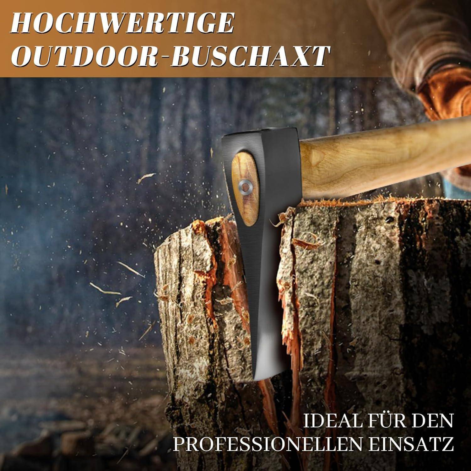 Eine Axt, die in einen Baumstumpf eingeschlagen ist, umgeben von einem unscharfen Waldhindergrund. Text lautet "Hochwertige Outdoor-Bushcraft-Axt"" und ""Ideal für den professionellen Einsatz"".