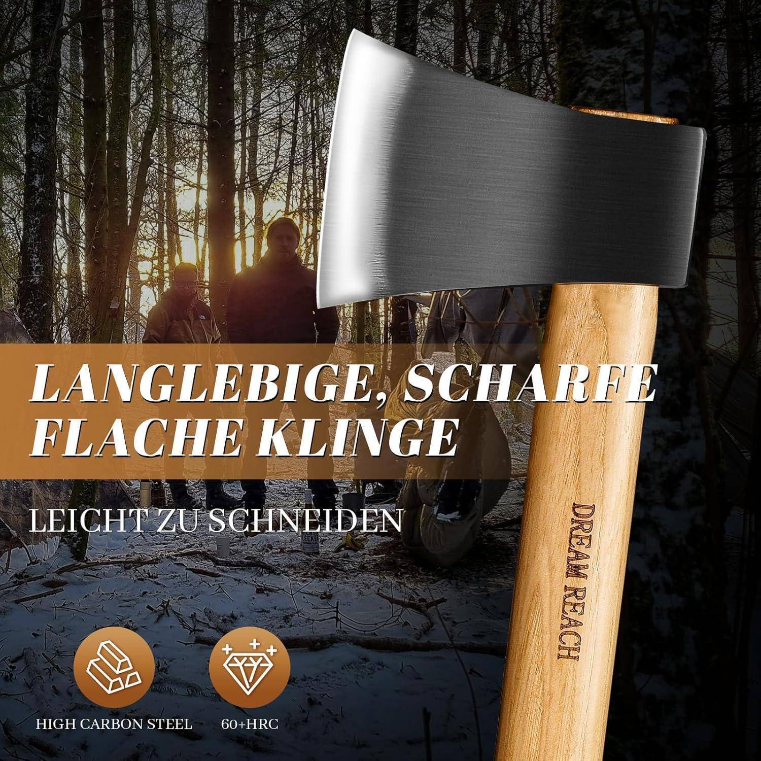 Axt mit langlebiger, scharfer Klinge und Holzgriff. Geeignet für einfaches Schneiden. Ausgestattet mit hochwertigem Kohlenstoffstahl und einer Härte von über 60 HRC.
